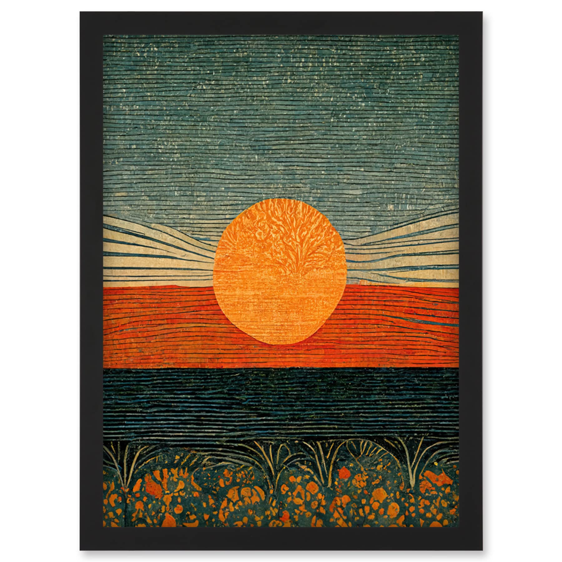 William Morris Style Sunrise Over Sea Framed Art Print - A4 - Artery8