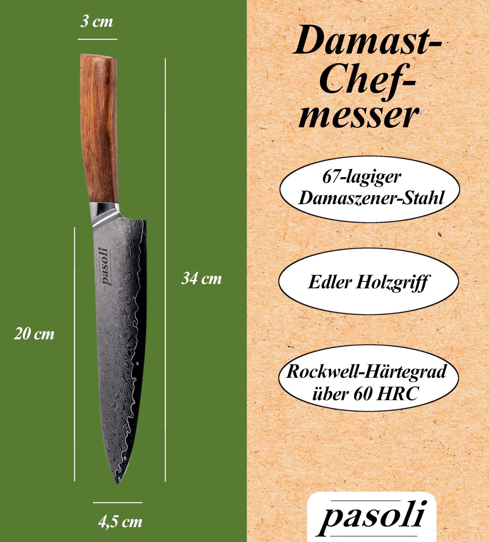 Pasoli Coltello da Chef Professionale - Coltello da Cucina in Acciaio Damasco Giapponese, Lama Damasco e Manico in Legno - Lama Affilata per Tagliare, Affettare, Tritare - Lungo 20cm, 67 Strati, VG-10
