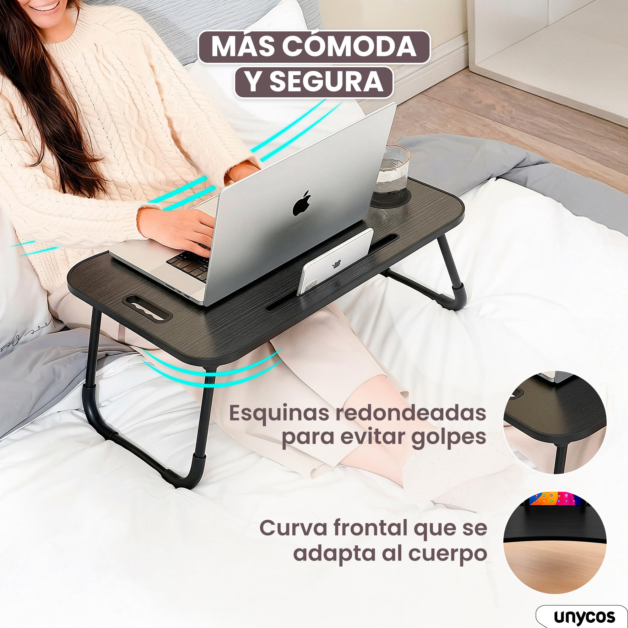 unycos - Bandeja para Cama, Mesa Plegable de Desayuno, Multiusos, Ideal para Portátil, Ordenador y Libros, Ergonómica, Mesa Auxiliar con Atril para Leer en la Cama 60x40x26 cm (Negro/Gris sin Cajón)