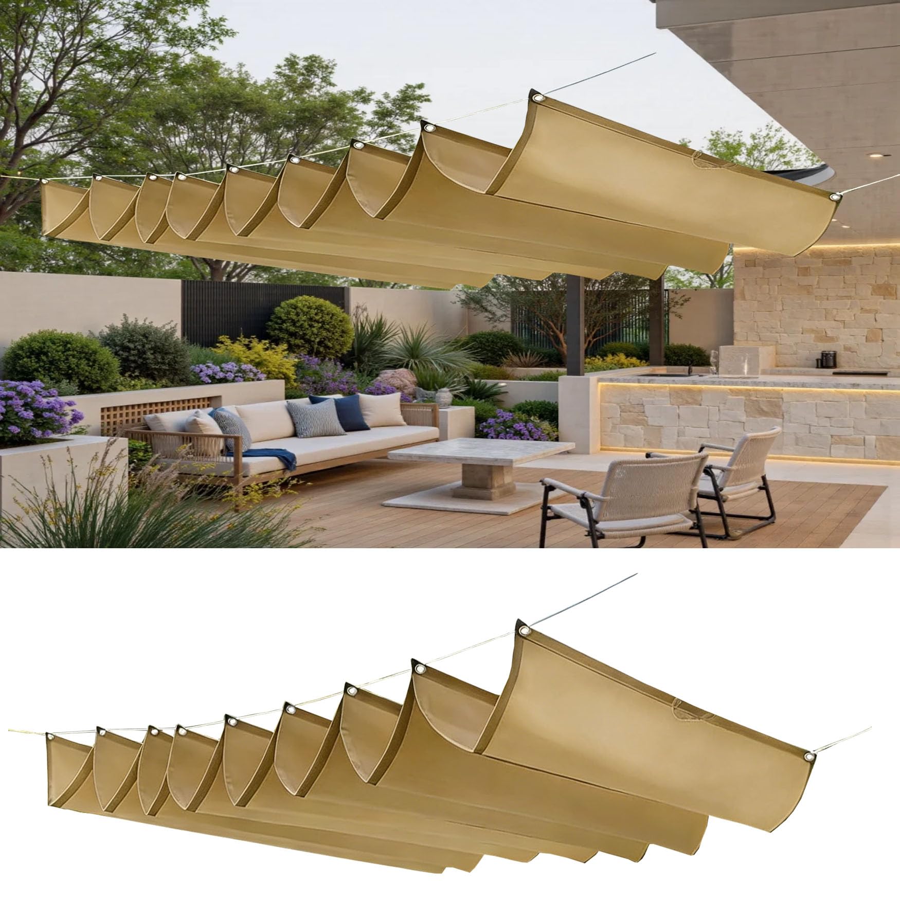 Voile ombrage vague imperméable et anti-UV pour pergola et terrasse kaki