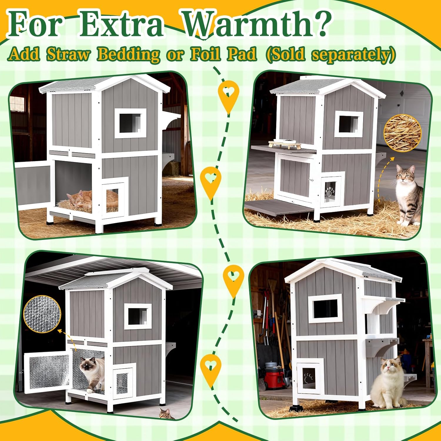 PetsCosset Outdoor Cat Shelter Weatherproof, Two Story Wooden Outside Feral Cat House with Openable Roof, Escape Door