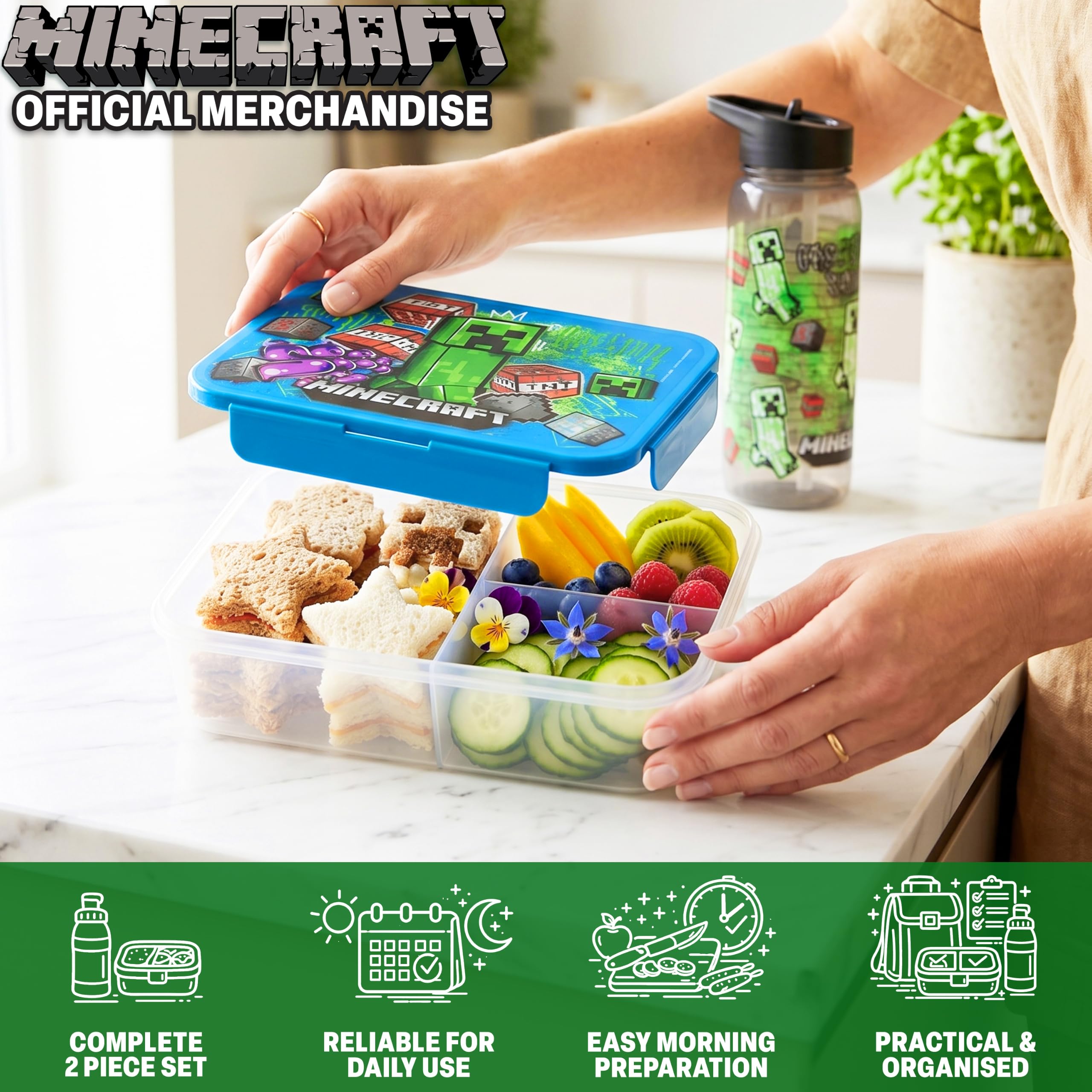 Get Trend Minecraft Porta Pranzo Bambini, Set 2 Pezzi con Senza BPA Bento Box 3 Scomparti e Borraccia Coperchio Apribile con Cannuccia 640ml, Scuola Idea Regalo (Multi Minecraft)