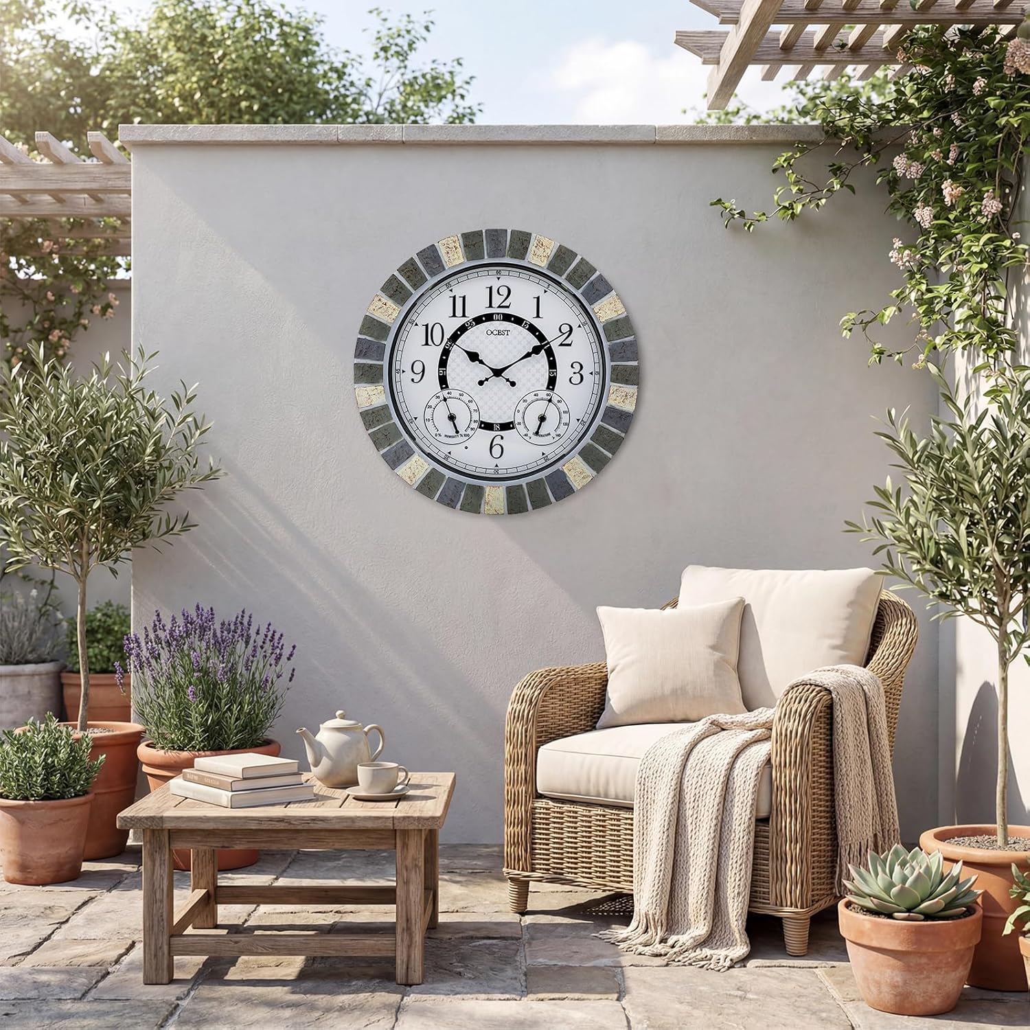 OCEST 18 Inch Outdoor Wall Clock with Night Light, Waterproof Thermometer & Hygrometer Combo, Battery Operated Silent Non-Ticking Large Patio Clock for Garden, Pool, Porch (Rustic Gray)