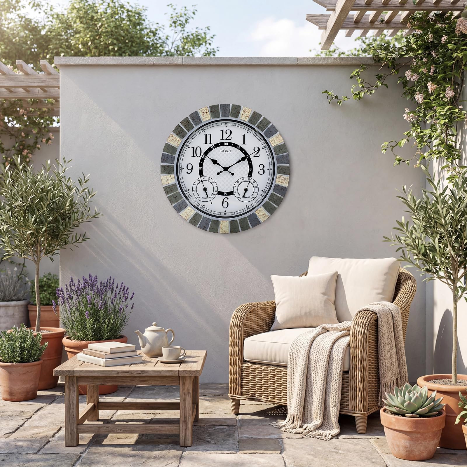 OCEST Reloj grande de 18 pulgadas para exteriores, impermeable, termómetro, higrómetro, luz nocturna, relojes de pared iluminados, funciona con pilas, silencioso, sin tictac, ideal para patio, jardín
