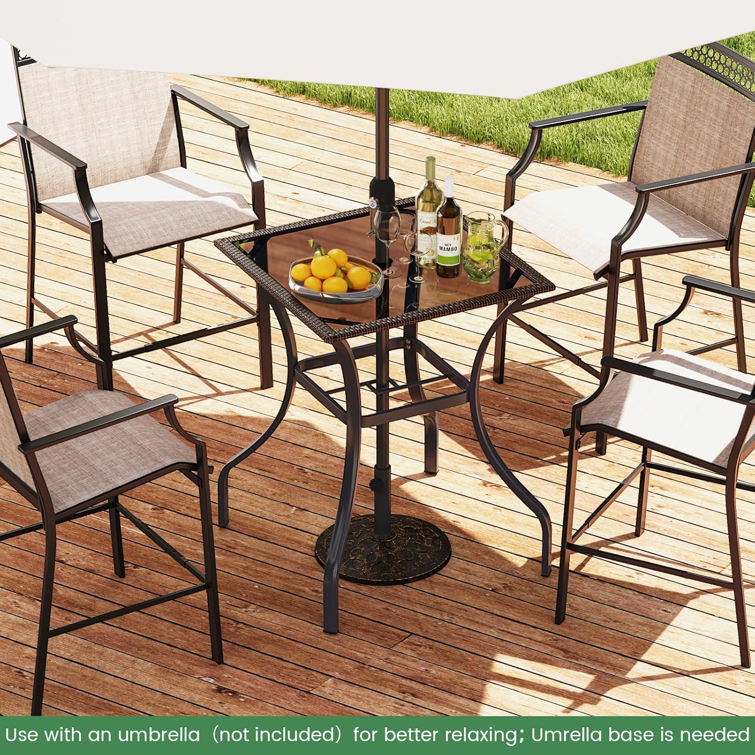 HAPPYGRILL Patio Bar Table, 28.5 x 28.5 inch Outdoor Bar Height Dining Table with Rattan Edge & Heavy-Duty Metal Legs, 2 inch Umbrella Hole, Square Bistro Bar Table for Poolside, Backyard, Balcony