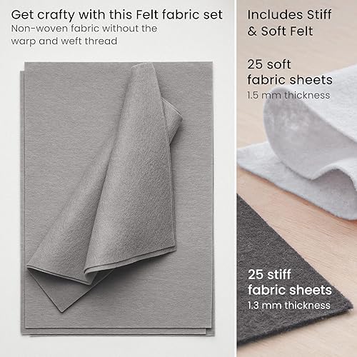 Miniatura 4 de Arteza Hojas de fieltro para manualidades, juego de 50, 8.3 x 11.8 pulgadas, 7 tonos neutros, 21 cuadrados de tela de fieltro no tejida suave y 29