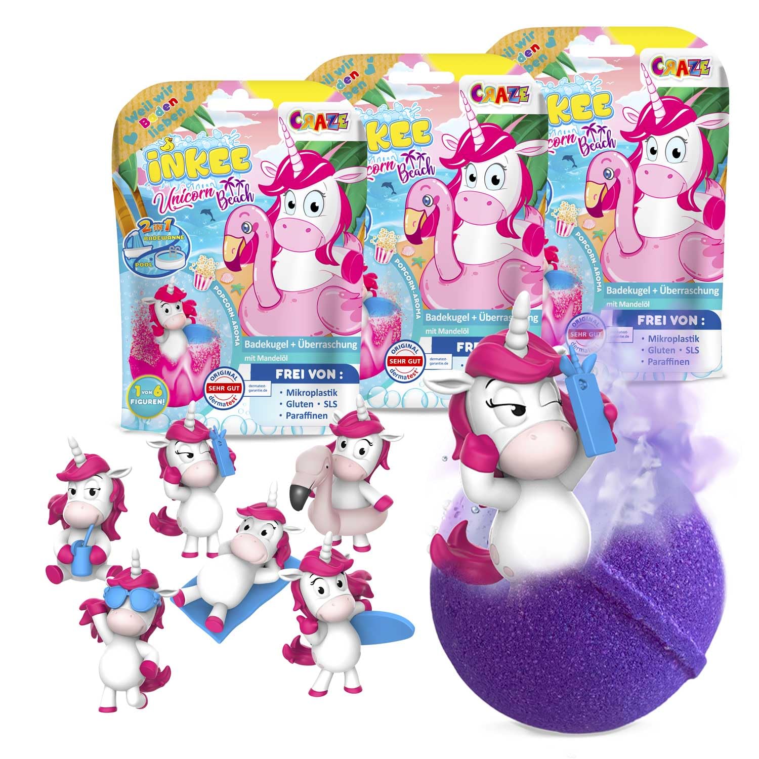 INKEE Unicorn Bath Bombs Set of 3 – Kids Bath Toys with Surprise Unicorn Figures – Bubble Bath Fizzy Balls with Popcorn Scent – Fun Gift for Children Ages 3+