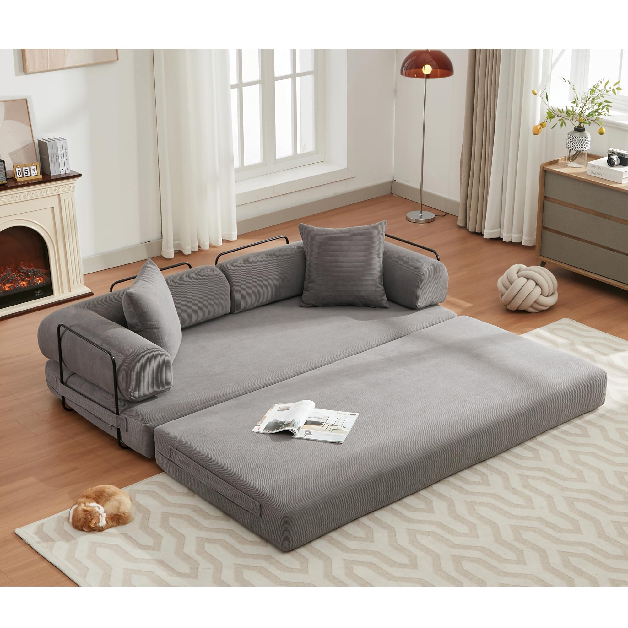 Convertible Sleeper Sofa Bed with Cylindrical Pillow, Corduroy Folding Mattress Couch with Fixed-Shape Frame, Floor Sofa Lounge Couch for Living Room Bedroom Lounge Studio-Grey