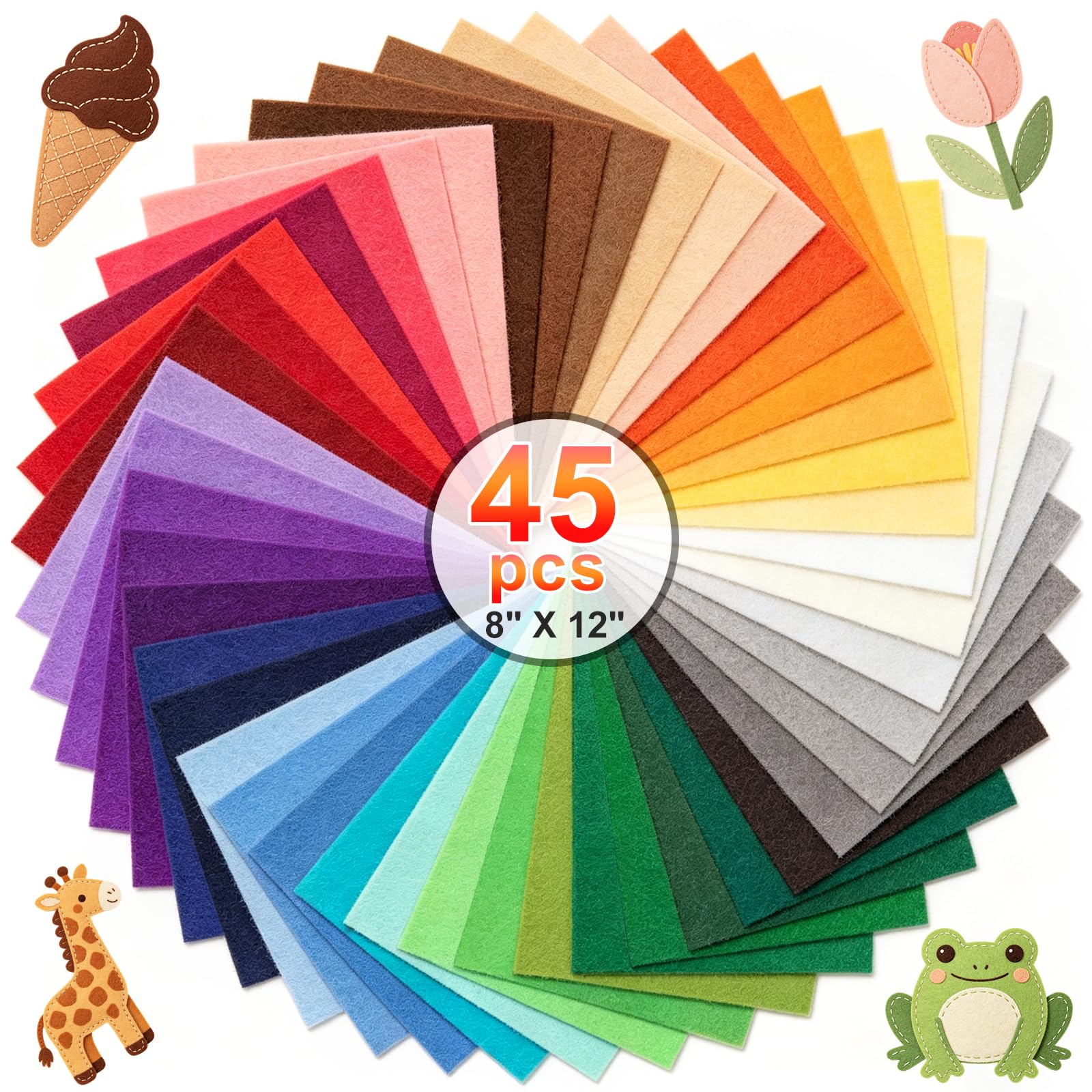 Qzma 45 Pcs Felt Fabric Sheets 8" x 12" Craft Squares Assorted Colors for Sewing Patchwork, Decorative Projects