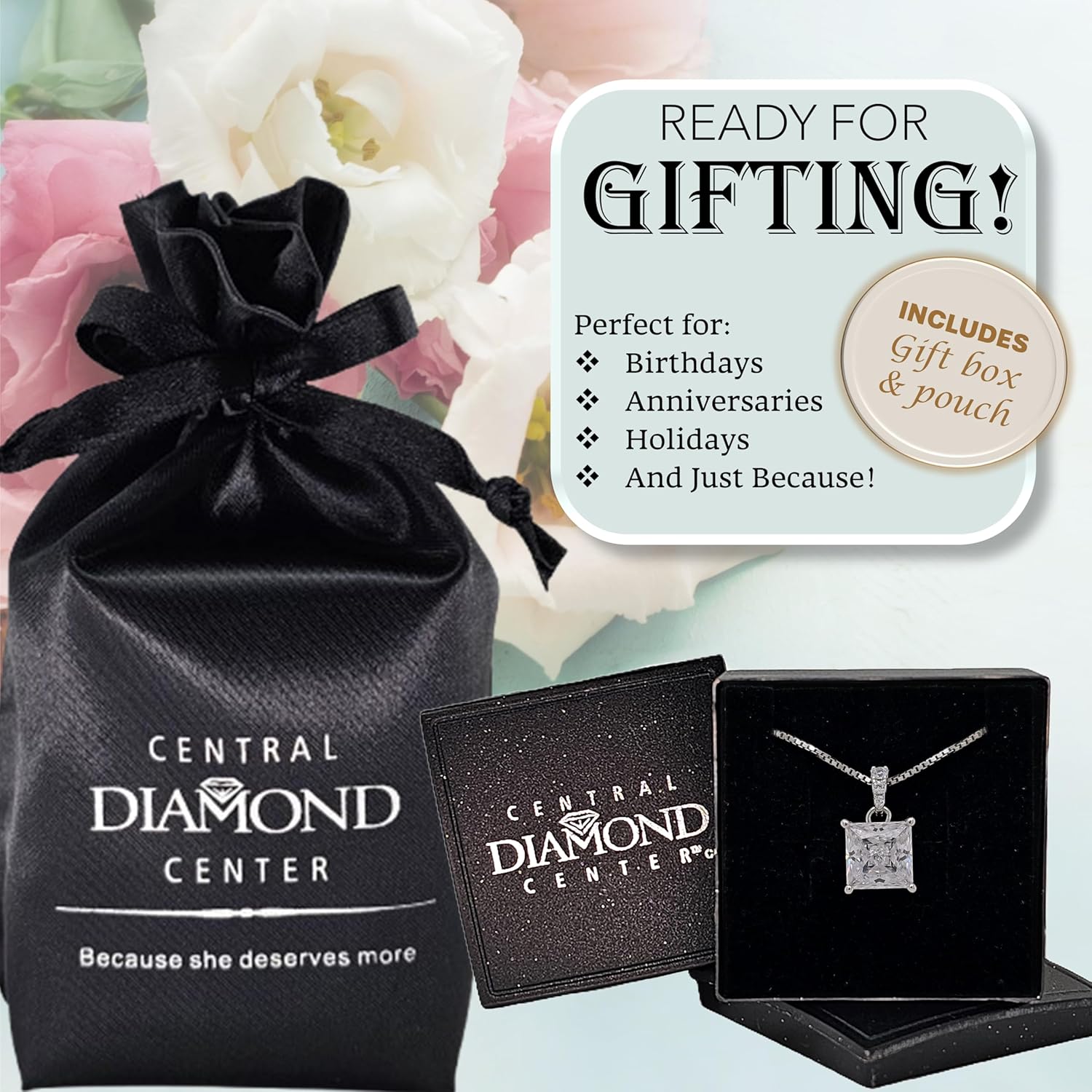 Princess Cut Solitaire Necklace, 4 Prong Sterling Silver w/Pure Brilliance Zirconia, 6.0mm, 7.0mm & 8.0mm - Image 6