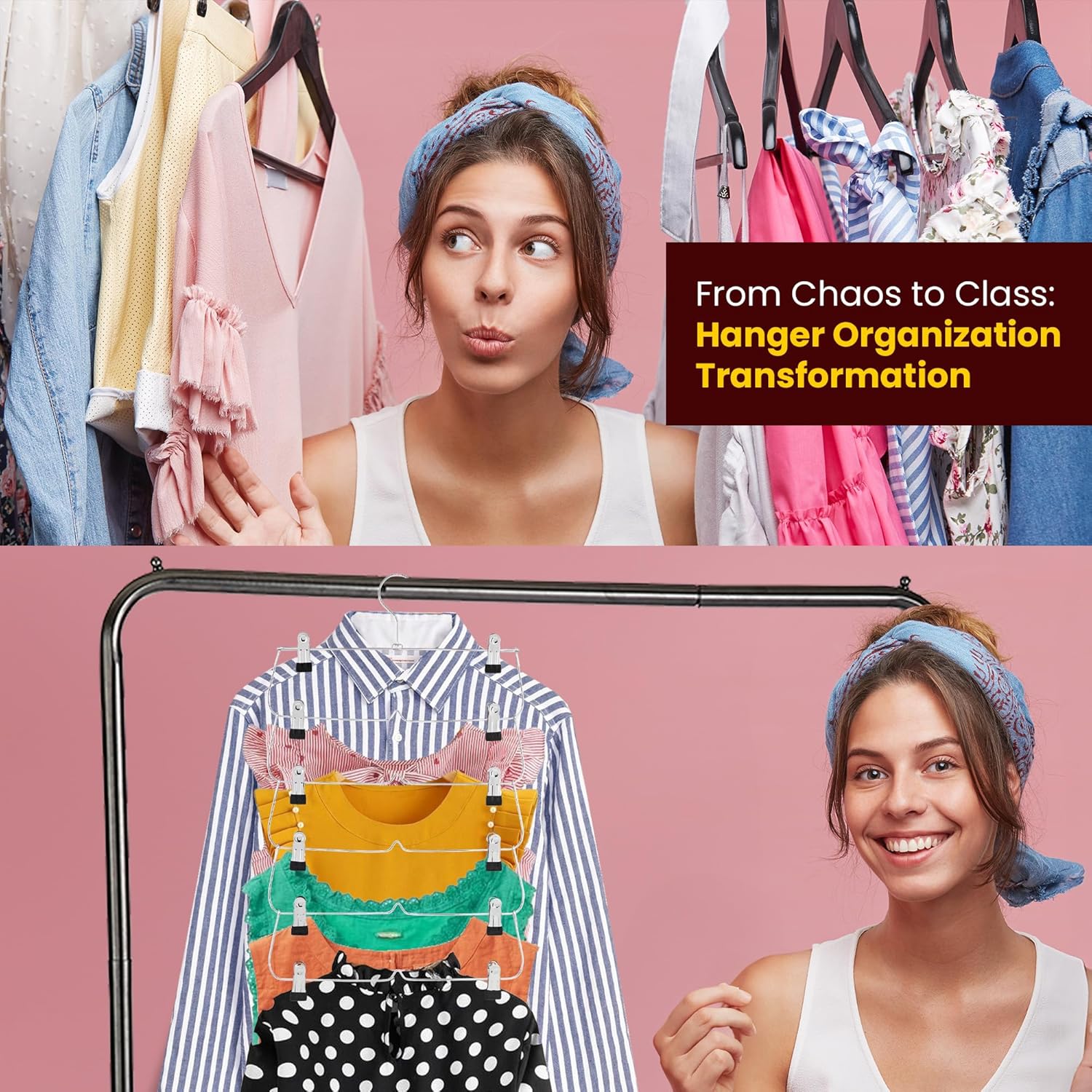 USTECH 6 Tier Skirt Hangers Closet Space Saver with Clips for Pants, Shorts, Skirts, Leggings - 3 Pack