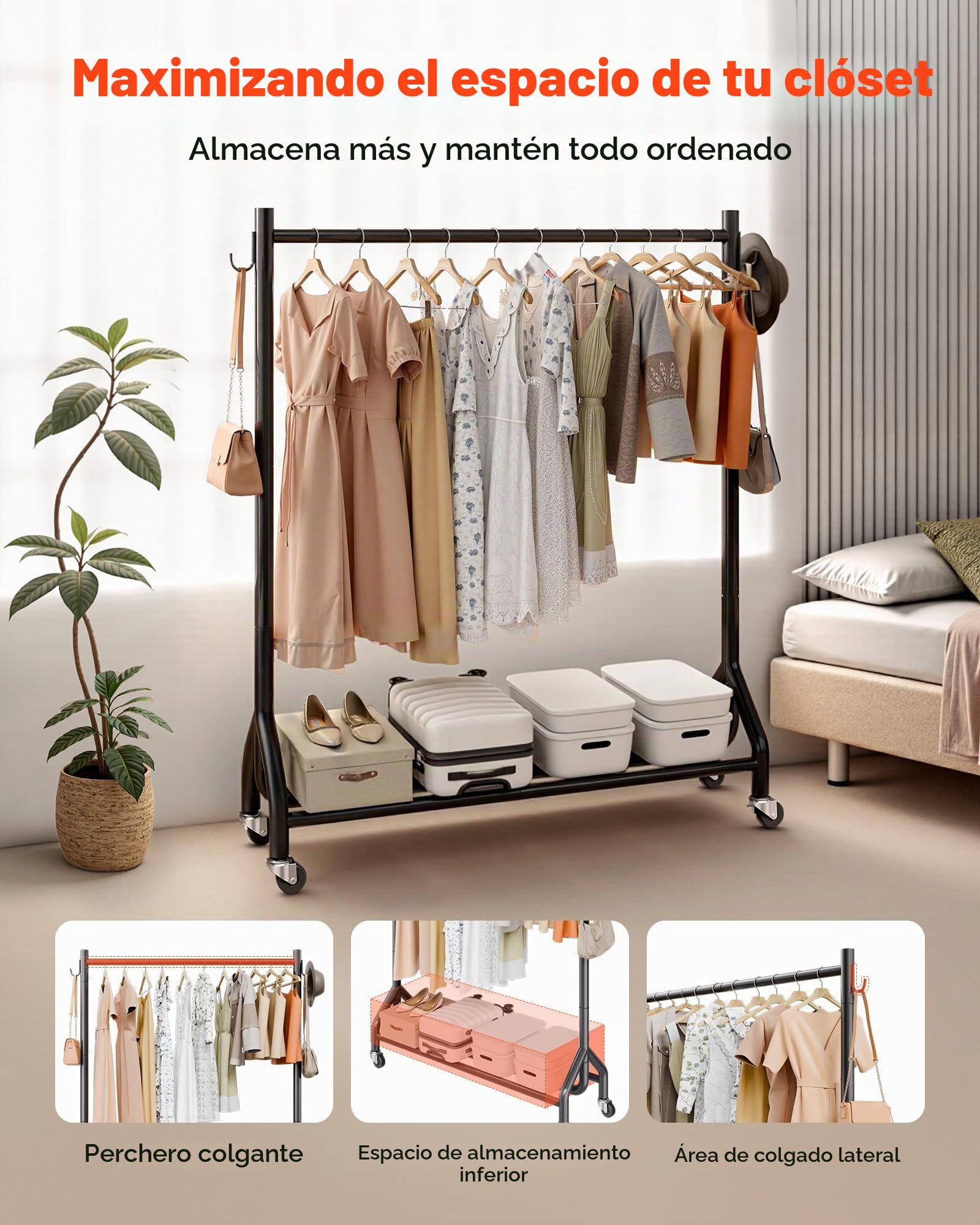 VEVOR Perchero Burro para Ropa 108 x 167,3 cm, con Barra para Colgar y Ganchos Laterales, Burro de Ropa con Ruedas, Carga de 90 kg, de Acero al Carbono, para Dormitorio, Lavandería, Sala de Estar
