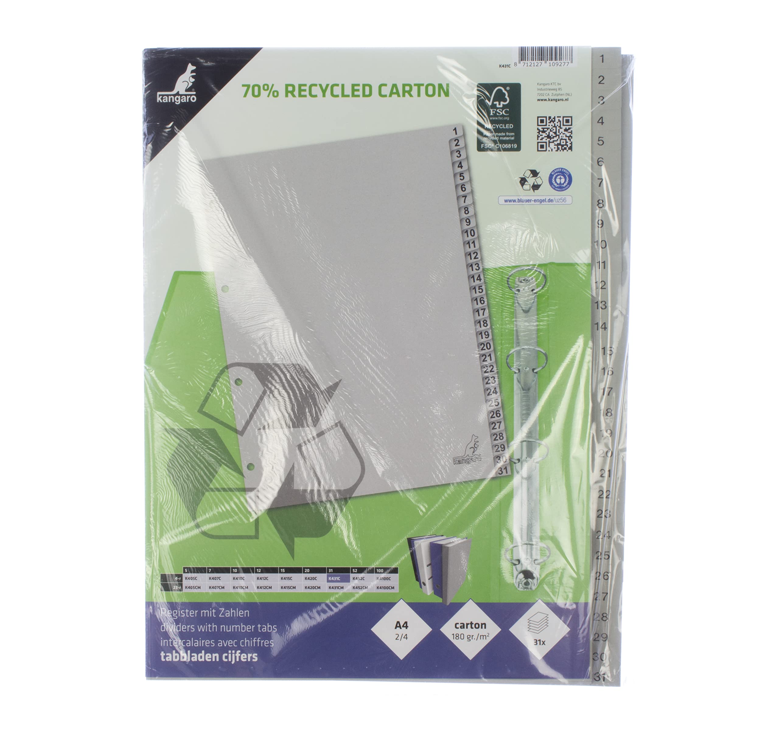 Kangaro Zakładki kartonowe DIN A4 cyfry 1-31. 180 g/m² pochodzący z recyklingu szary karton FSC - 31-częściowy