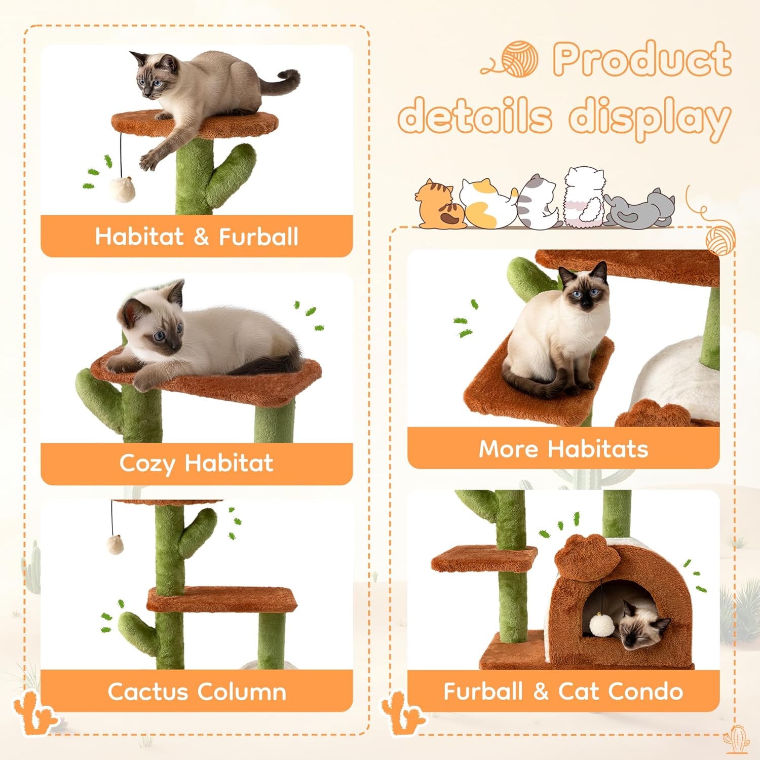 Cactus Cat Tree for Indoor Cats with Cozy Condo Wide Top Perch 27.5", Multi-Level Cat Tower with Climbing and Lounging Space Plush, Toy Ball, Brown