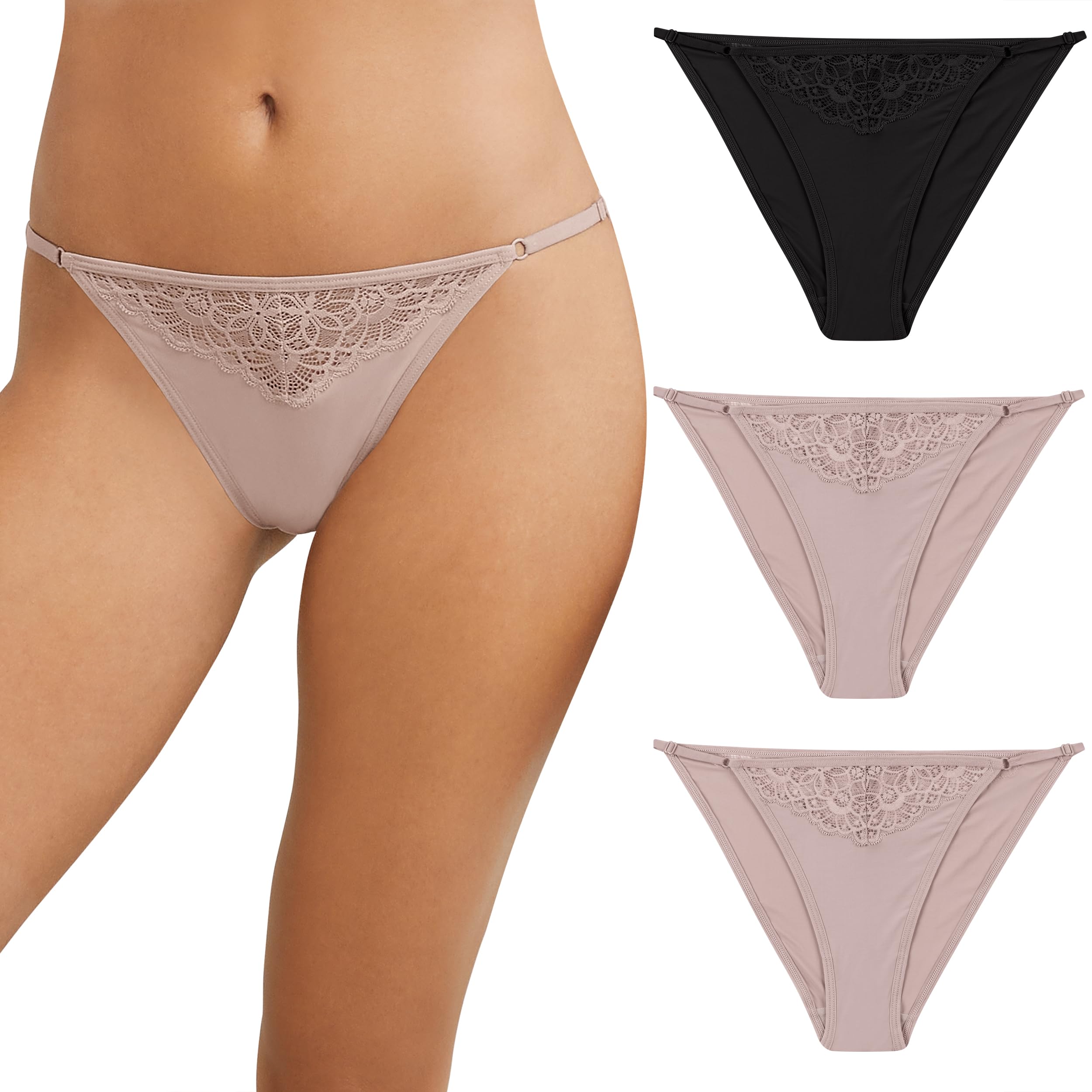Maidenform Womens M Adjustable String Bikini Underwear No-show Panties Multi-way Straps 3-pack