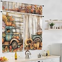 Vista 3 de Juego de cortinas de cocina de calabaza de 3 piezas, cenefa y niveles con bolsillo para barra, 58 pulgadas de ancho x 14 pulgadas de alto + 28