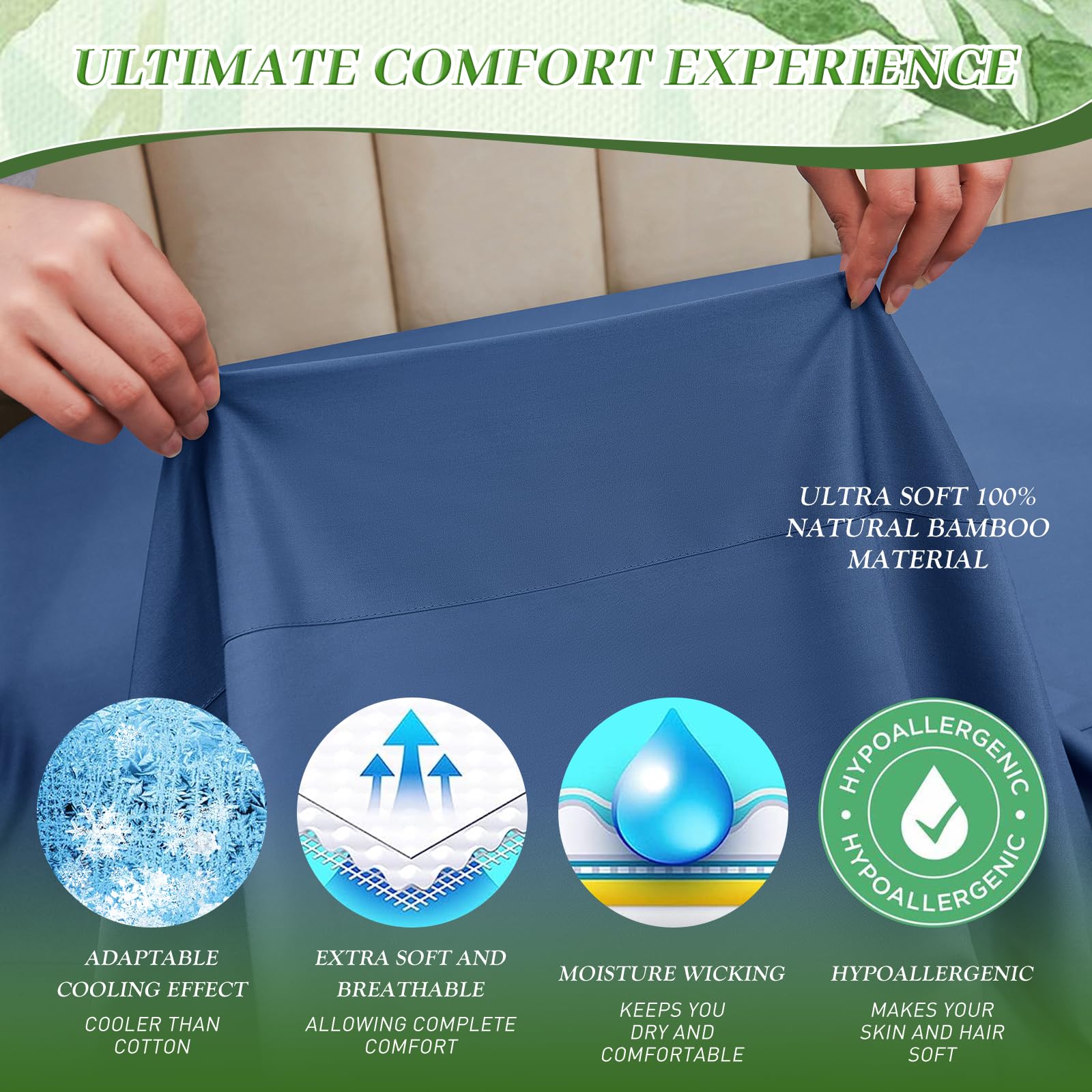 YIYEA Sábanas de bambú tamaño matrimonial – Juego de sábanas de viscosa de bambú 100 % orgánico con 2 correas de soporte, bolsillo profundo de 40.6 cm, ultra suaves, transpirables y refrescantes para