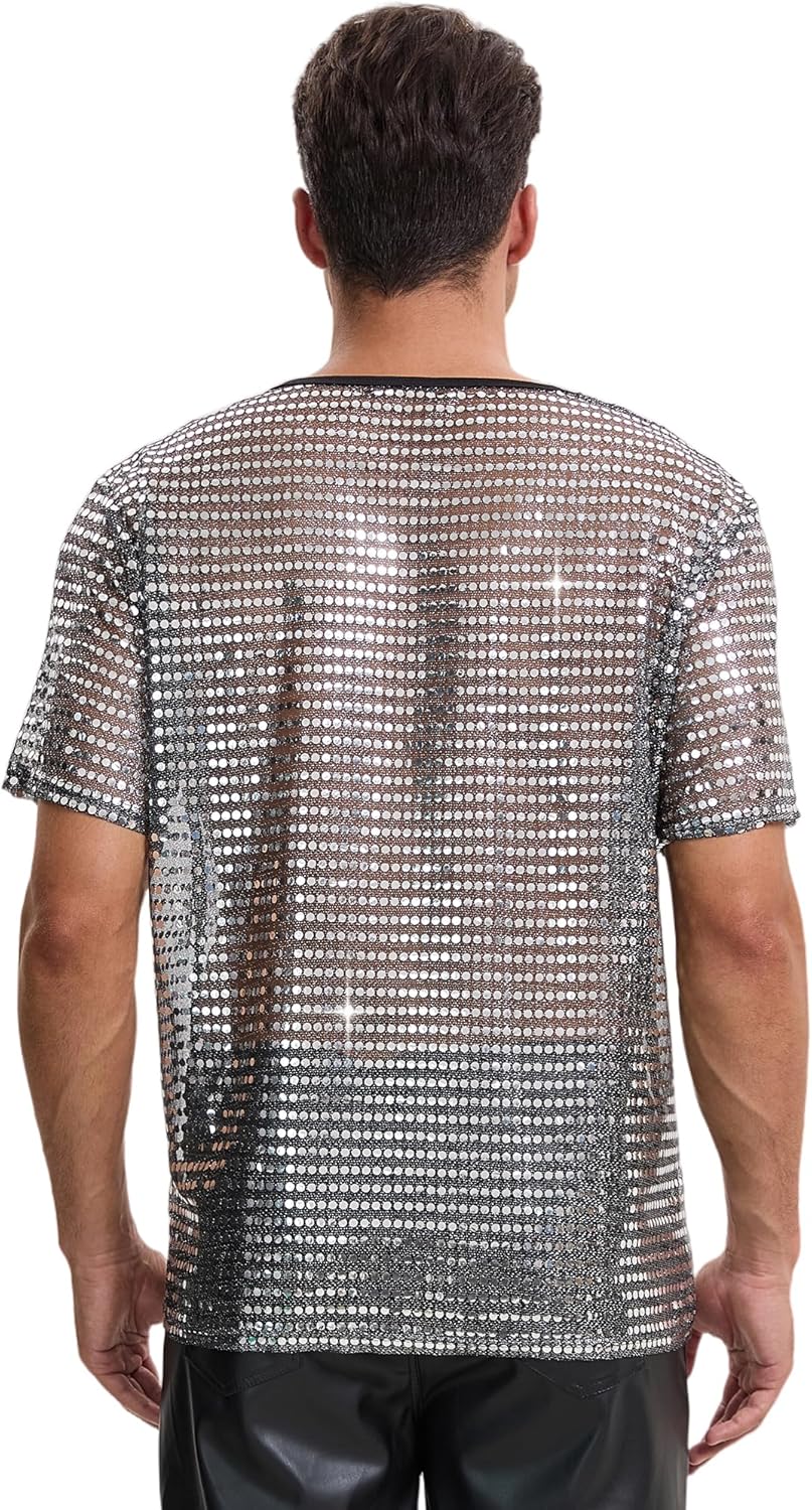 Lars Amadeus Metallic Sheer T Shirt for Men's Shiny Short Sleeve Club Party Glitter Sequin T-Shirt - Image 2