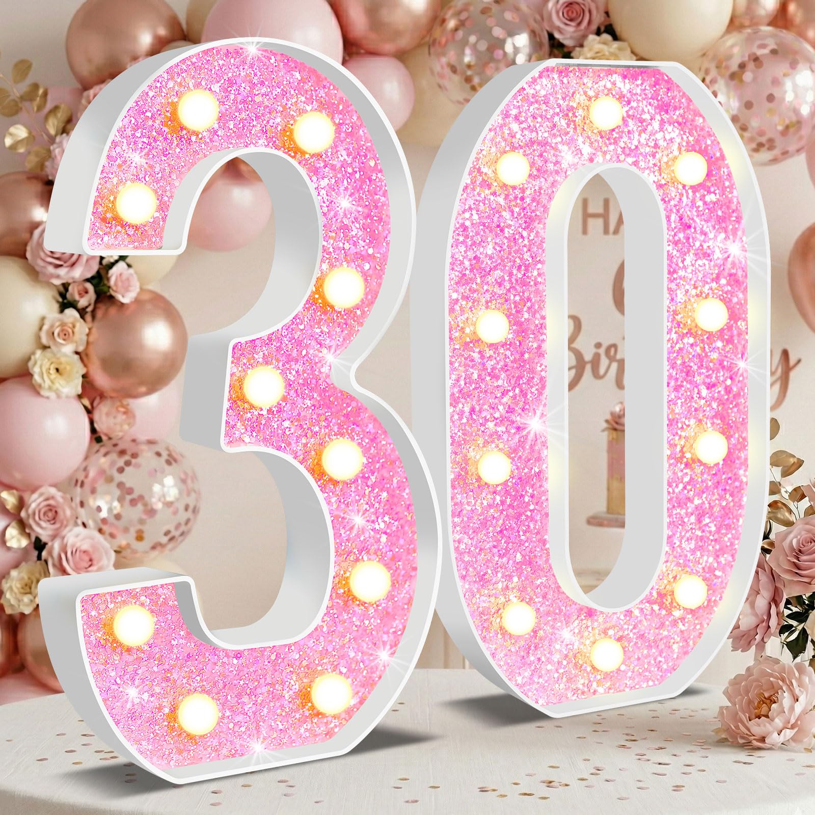 NANXU 12.6 Inch LED Pink Glitter Marquee Light Up Numbers, 30th Birthday Number Lights as Gifts for Women Men, Lighted Marquee Numbers for Pink Anniversary Party Table Decorations, Number 30