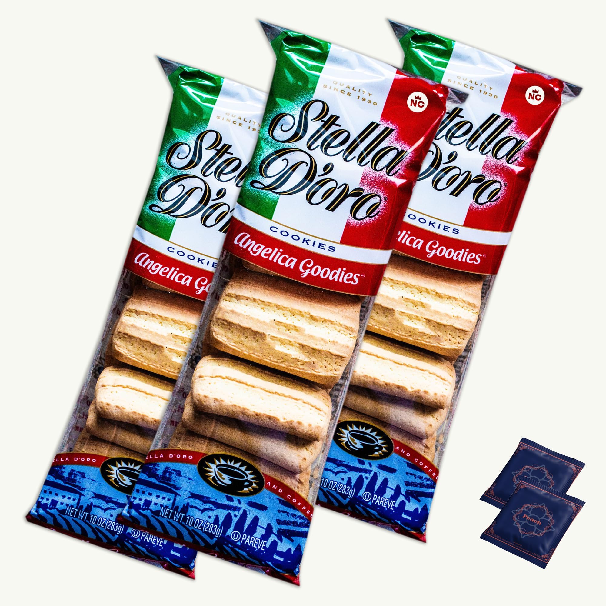 Angelica Goodies Authentic Italian Cookies (3, 10oz packs) - Organic Peach Yerba Mate Tea Bags (2 tea bags) - Gourmet Snack Bundle - 5 Items Total