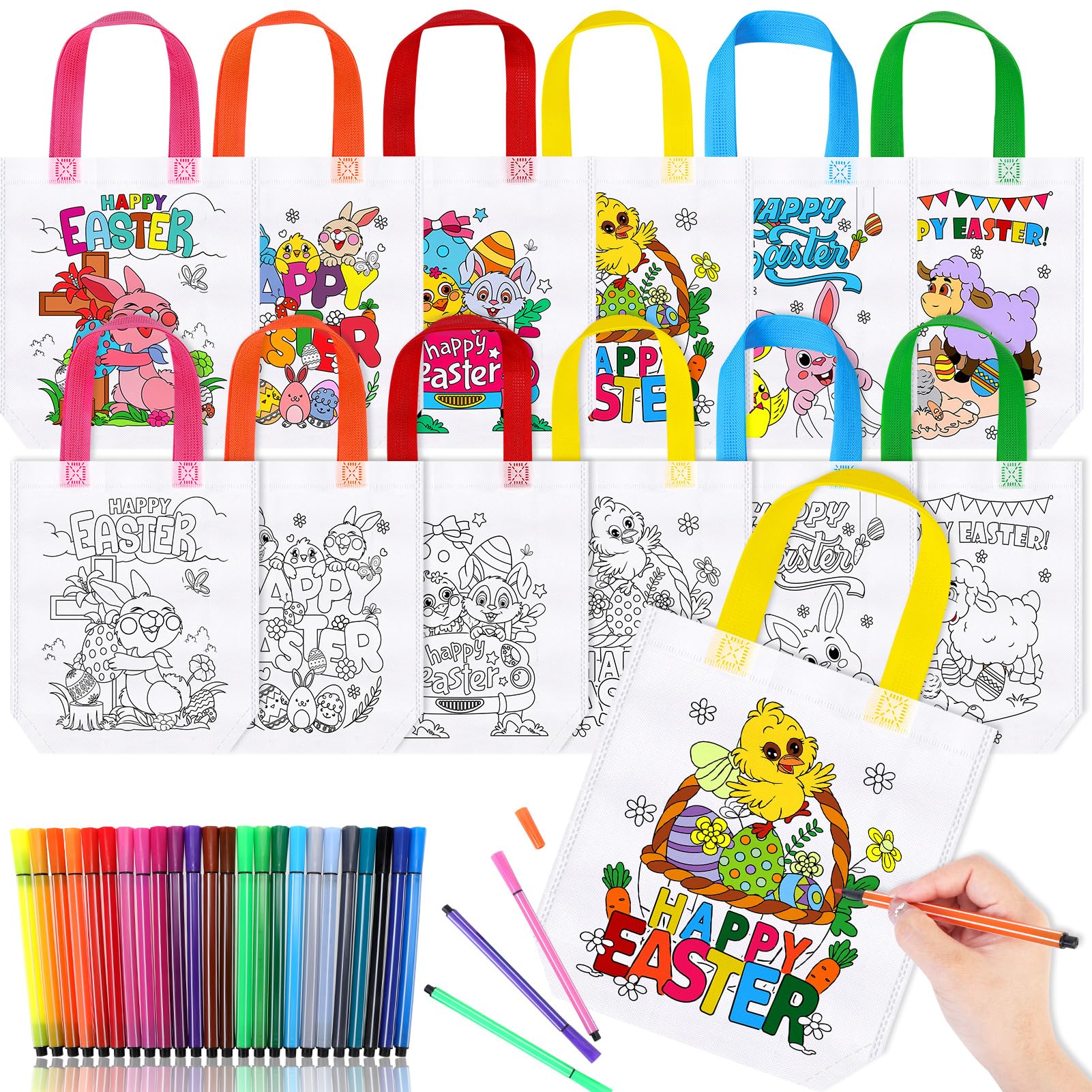 HOWAF 12PCS Colour Your Own Bag Easter Bags & Coloring Pens