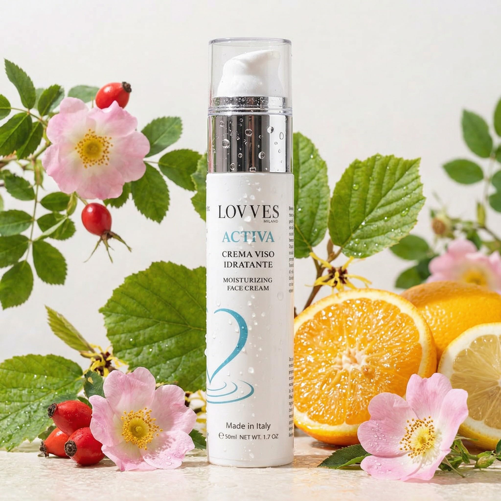 LOVVES Activa Nawilżający krem do twarzy, wysoki naturalny kosmetyk, odżywczy, odżywczy, z kwasem hialuronowym 3 masy cząsteczkowe, nadaje skórze elastyczność i jasność, butelka Airless 50 ml