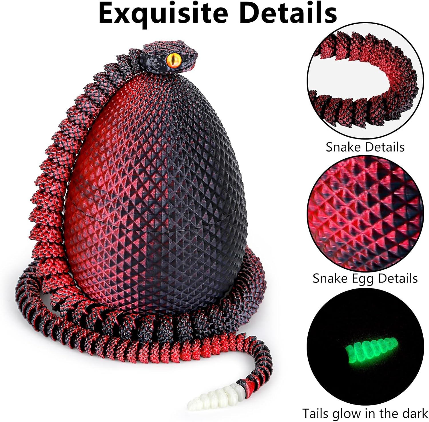3D Printed Snake Eggs with Snake Inside,3D Printed Snake,3D Printed Animals,23.22 Inch Crystal Snake Fidget Toys,Articulated 3D Snake with 3D Snake Eggs Black Red