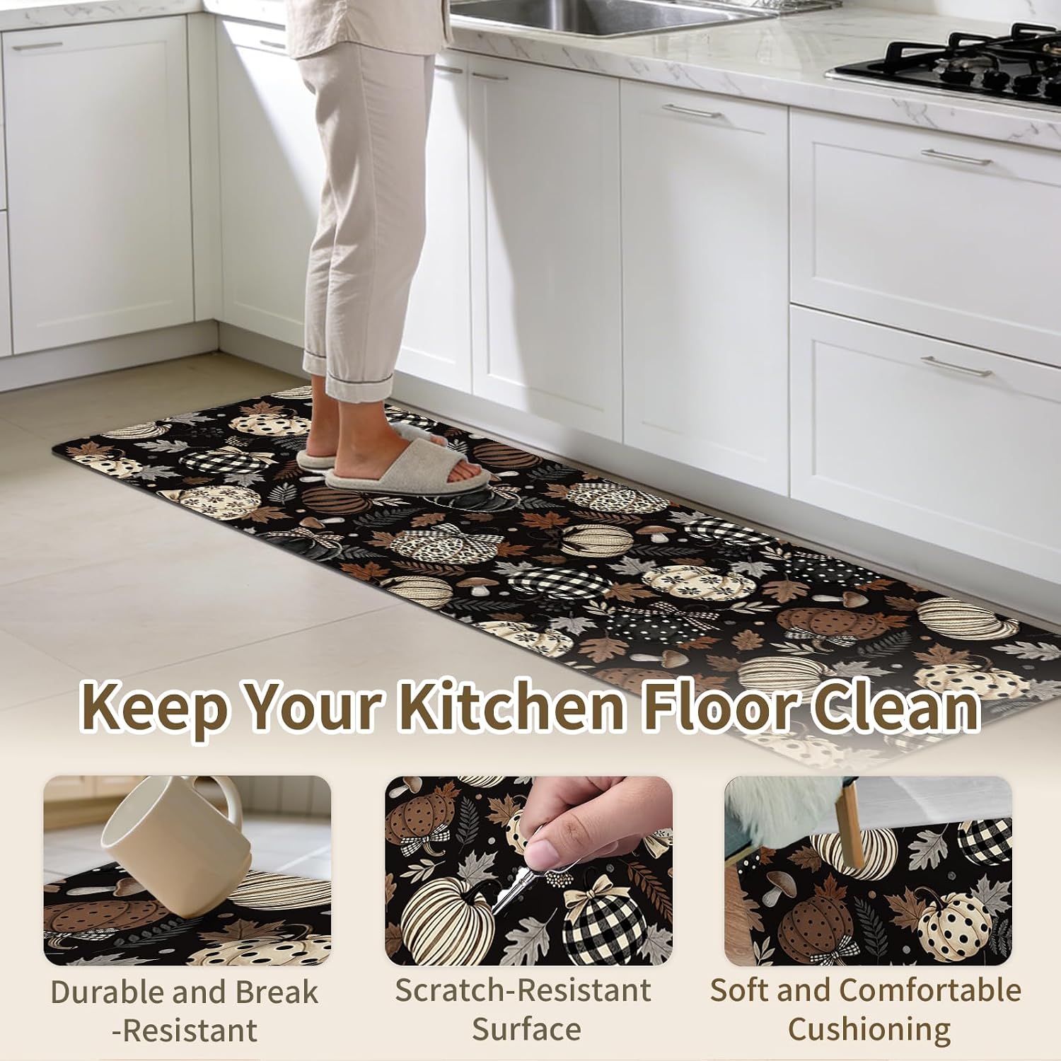 Fall Kitchen Rug Set for Floor, Pumpkin 2 Piece Non-Slip Kitchen Floor Mat, Cushioned Kitchen Rugs and Mats, Waterproof Home Decoration for Home Bedroom Laundry, Gift for Family, Friends