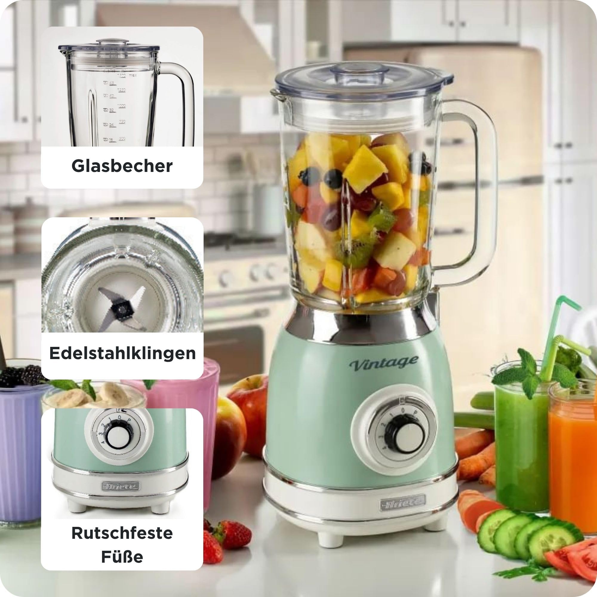Ariete Vintage 583 Mixer aus Glas, Retro Multifunktionsmixer mit 4 Klingen, 4 Geschwindigkeiten + Pulse-Funktion, Ice-Crusher Funktion, 1,5 Liter Fassungsvermögen, 1000W, Grün