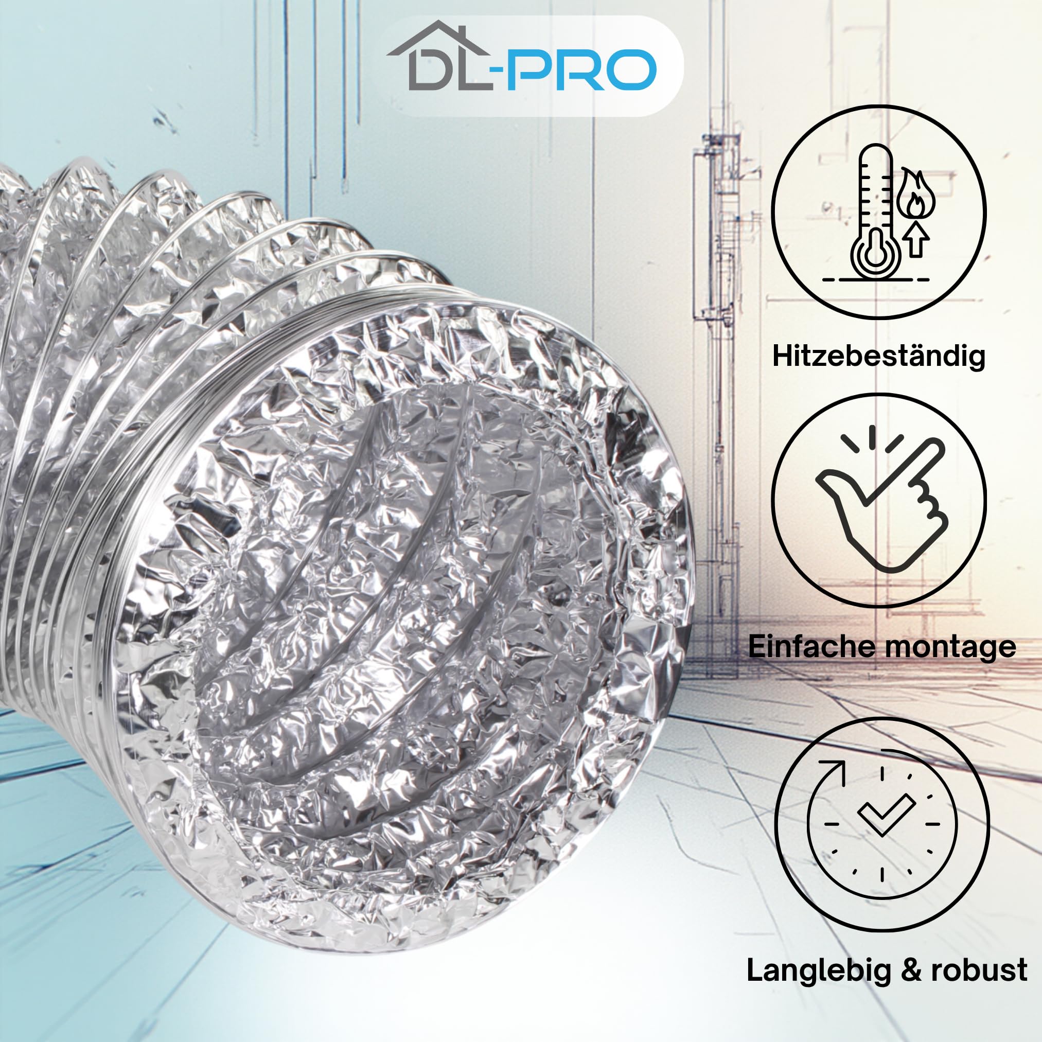 DL-pro Aluminiowy wąż powietrza wylotowego 3 m, Ø 150/152 mm, wąż aluminiowy, rura wylotowa, wąż wentylacyjny do klimatyzacji, suszarki do prania, okap kuchenny z obejmami W4, Ø 140-160 mm