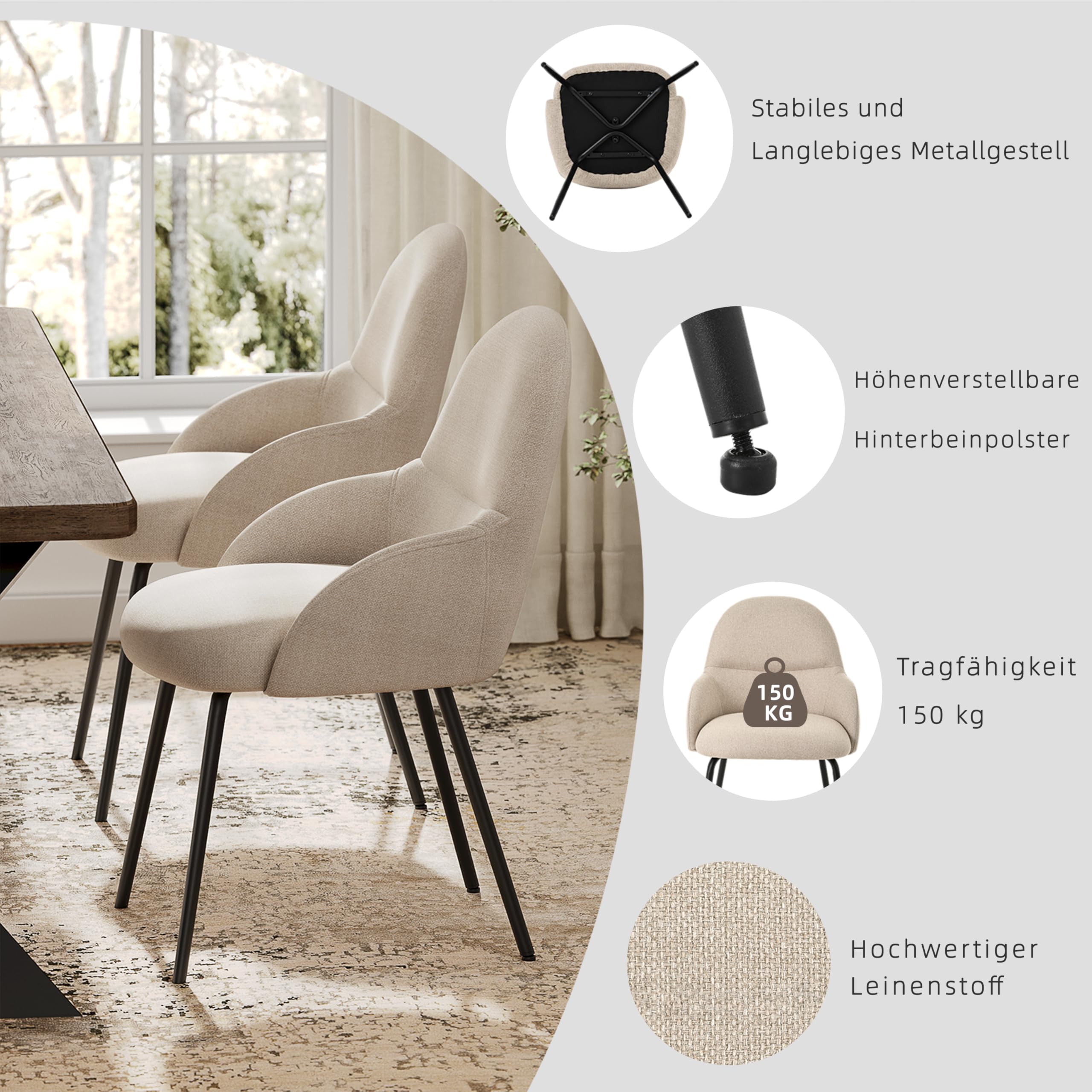 Esszimmerstühle 4er Set mit Armlehne – Ergonomische Polsterstühle, Moderne Küchenstühle mit Leinenbezug & Metallbeinen, Gepolsterte Stühle für Wohnzimmer, Esszimmer, Küche, Beige