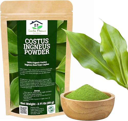 Lanka Flavors Feel Different Costus Igneus Polvo 2.11 onzas2.12 oz Té de hierbas natural sin azúcar y controla los niveles de azúcar en la sangre