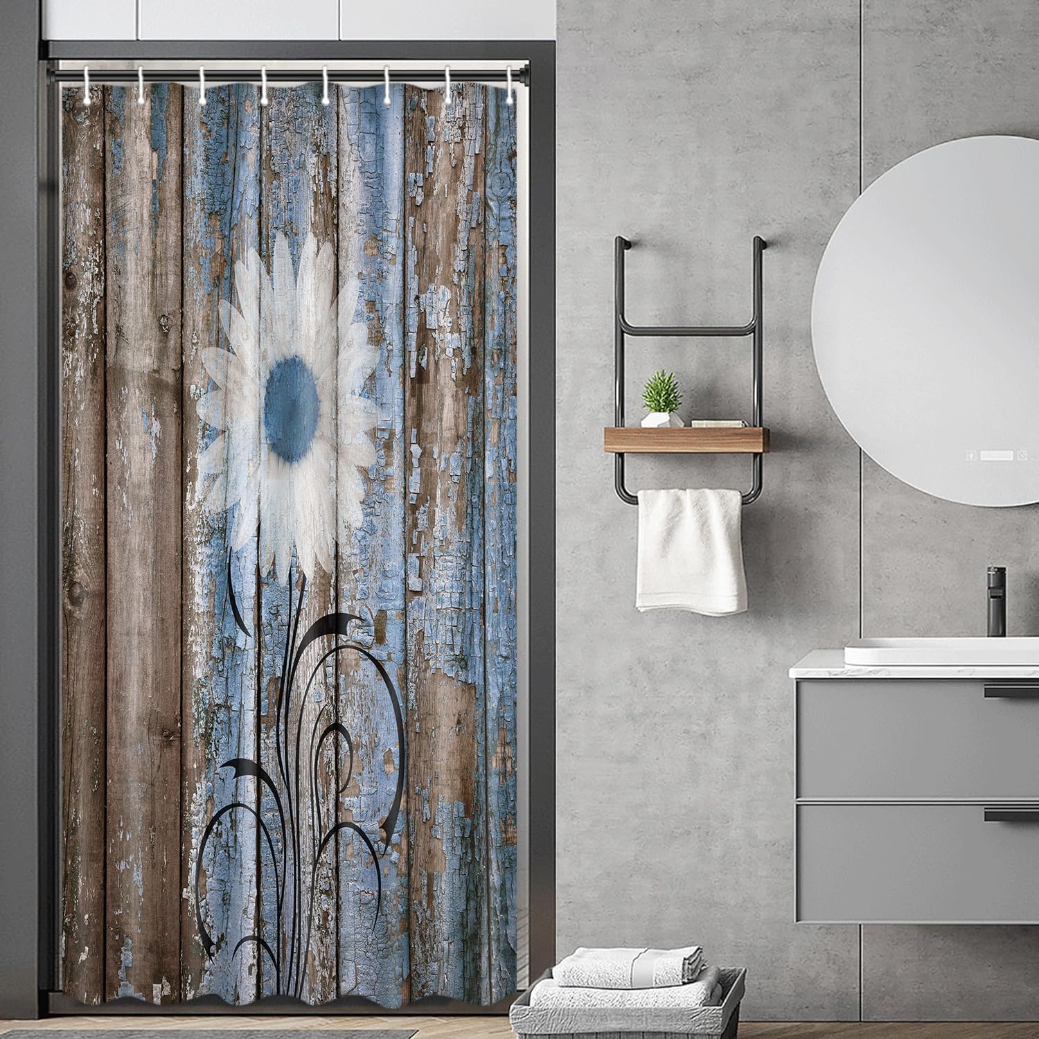 Rustic Daisy Shower Curtain, Blue Brown Floral Shower Curtain Set for Bathroom, Country Farmhouse Spring Fabric Shower Curtain Restroom Bathtub Decor Accessories with Hooks 69X 75 inch