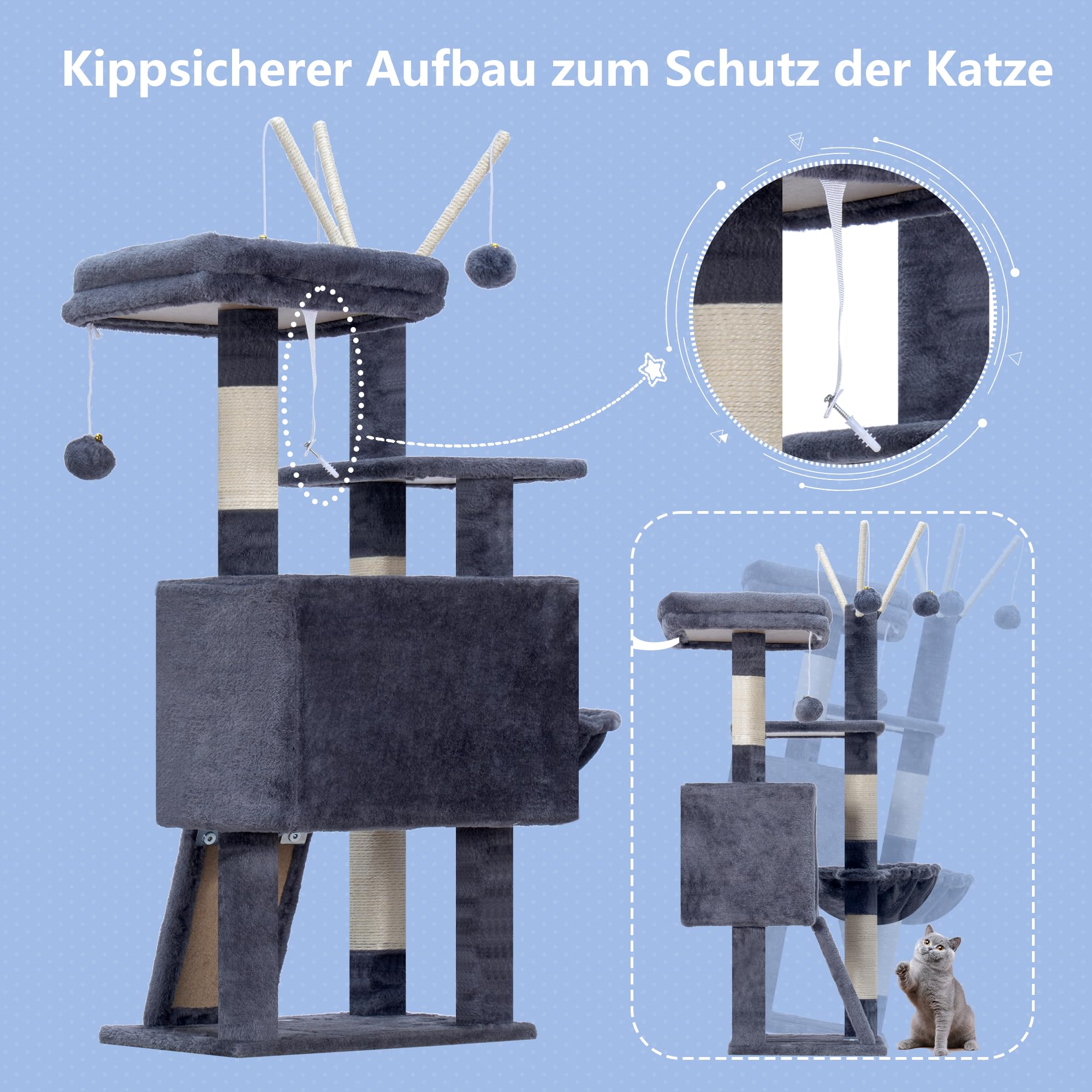 Hey-brother Kratzbaum, 105 cm Klein stabil Katzenbaum mit abnehmbaren Spielzeugen, Höhle, 1 Plattform, 1 Katzenkorb, Sisalkratzplatte und Plüschkugel, geeignet für Kätzchen, Rauchgrau EMPJ008SG