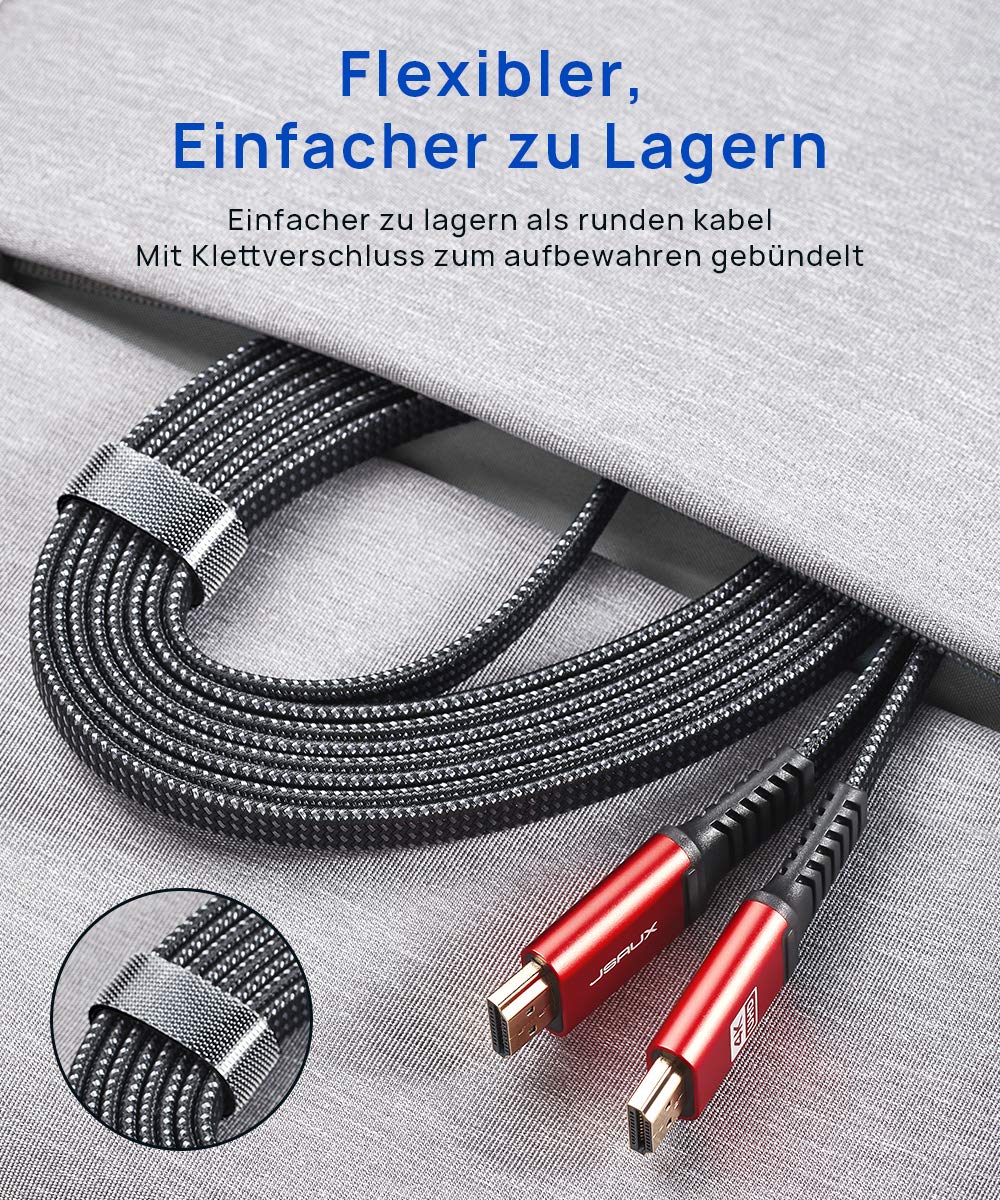 JSAUX Kabel HDMI 4K, 3 metry, płaski przewód HDMI 2.0 pleciony nylonowy uchwyt 4K@60 Hz 3D HDR UHD 2160p 1080p Ethernet ARC - Kabel HDMI do odtwarzacza Blu-Ray/ PS3/ PS4/ Netfix/Fire TV/Ekran