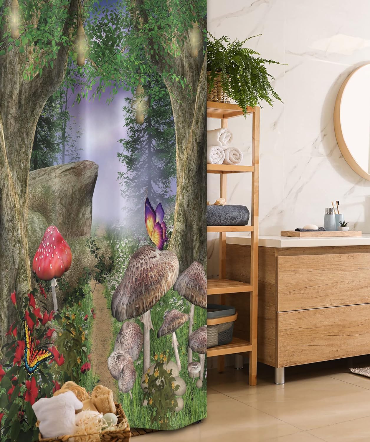 Ambesonne Mushroom Stall Shower Curtain, Enchanted Nature Pathway Butterflies Landscape Rocks, Fabric Bathroom Decor Set with Hooks, 36" W x 72" L, Tan Green Red