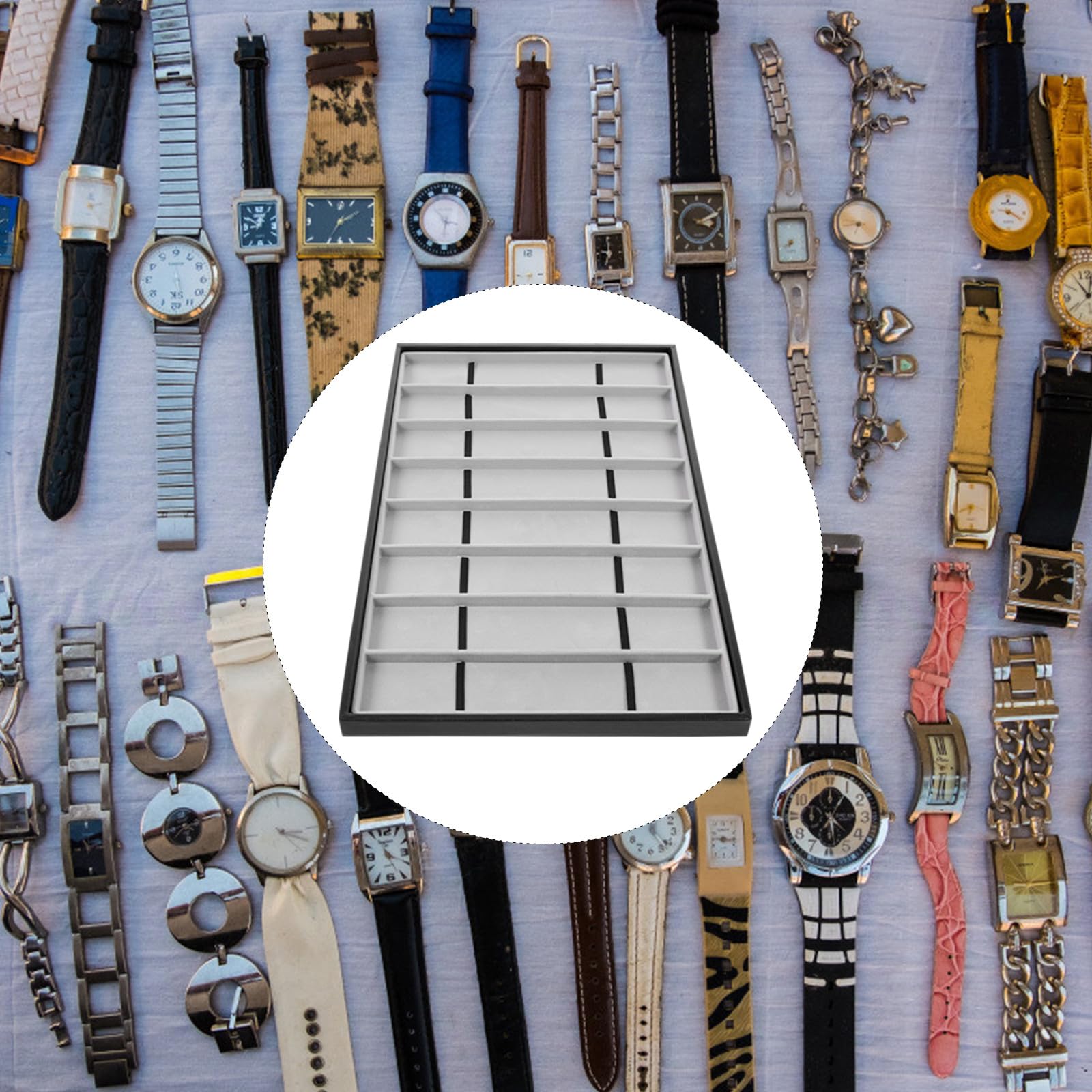 PACKOVE Bandeja para Guardar Relojes y Joyas 8 Compartimentos, Organizador de Almacenamiento en Piel Sintética Negra y Forro de Terciopelo Gris, Diseño Artesanal para Uso Doméstico y