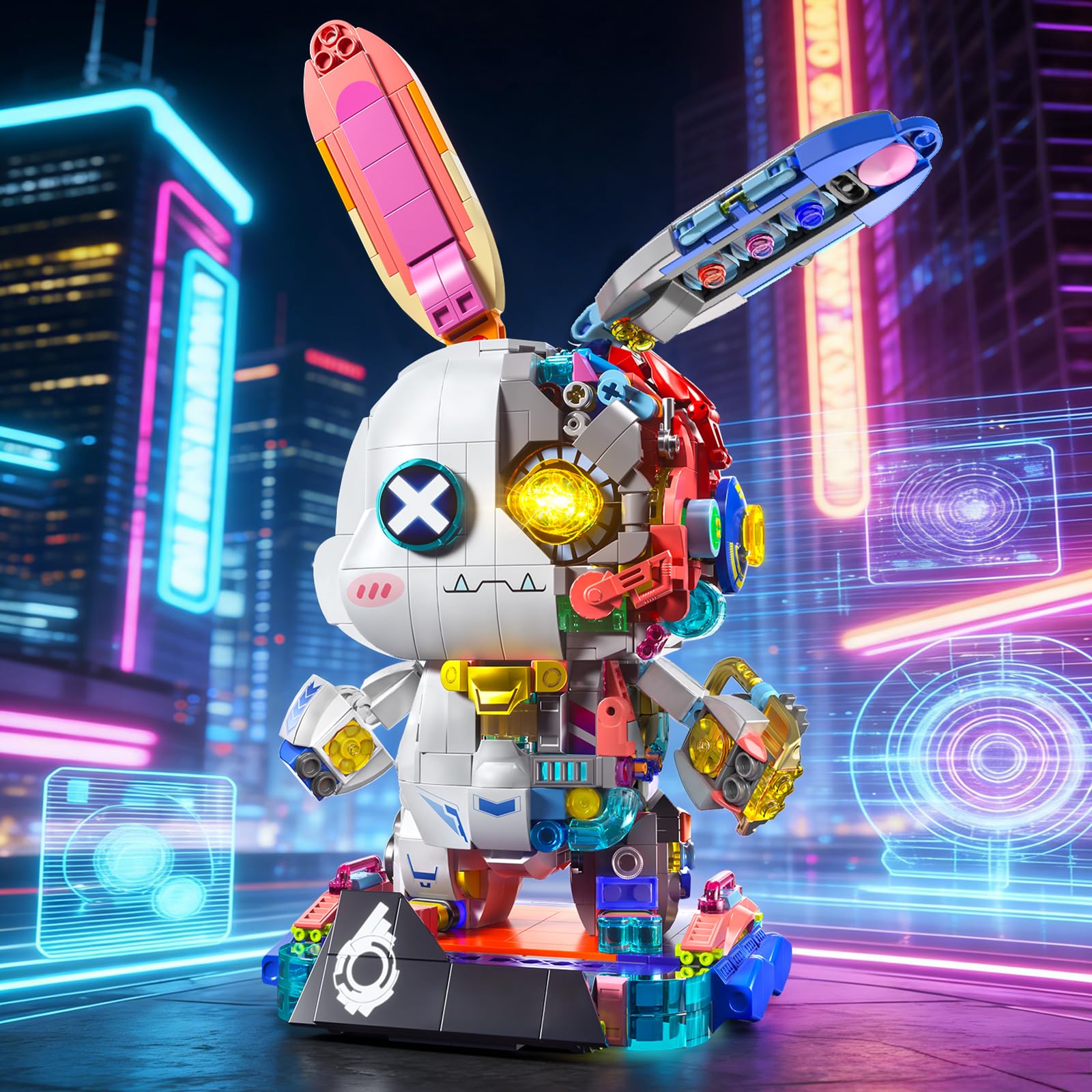 QiqoPoyee Mechanical Punk Bunny Building Blocks Set with LED Light, Animal Figure Model Home Decor, Christmas Easter Birthday Gift for 8+ Boys Girls (1377PCS)