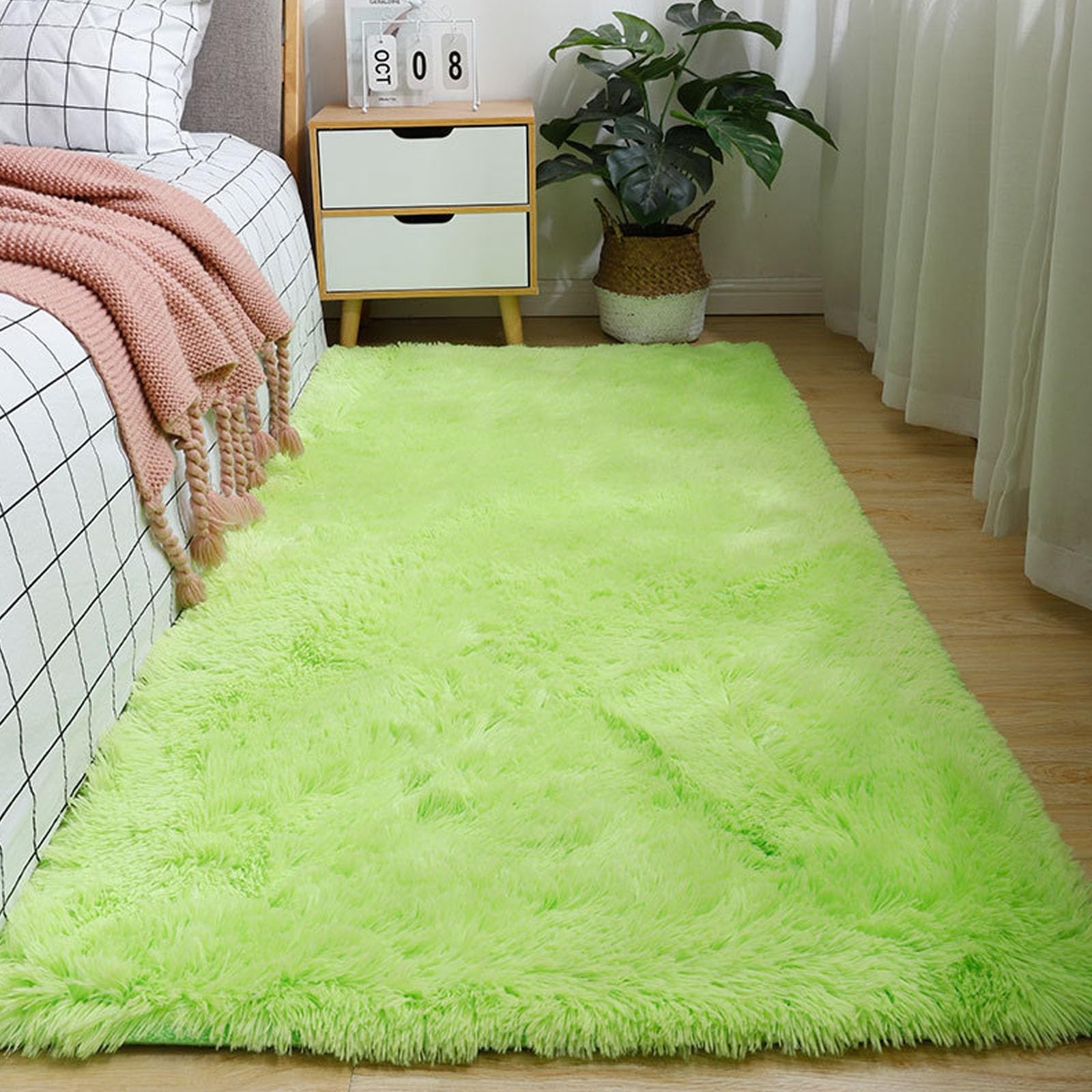 Tapis de salon à poils longs doux en peluche monochrome vert fruit 220x310