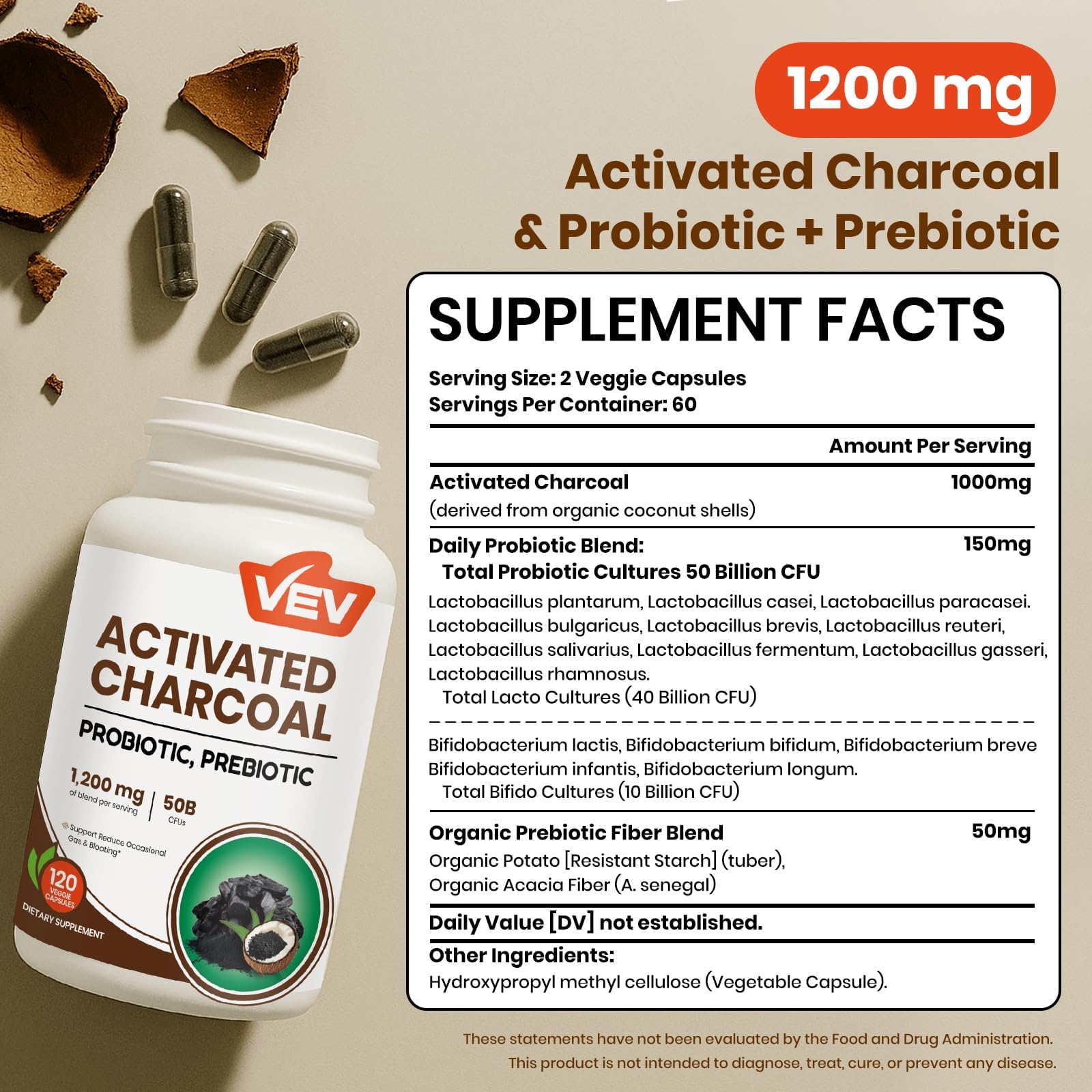 VEV Activated Charcoal Capsules 1200mg, 50B Probiotics, 120 Vegan Capsules — Amazon image 3