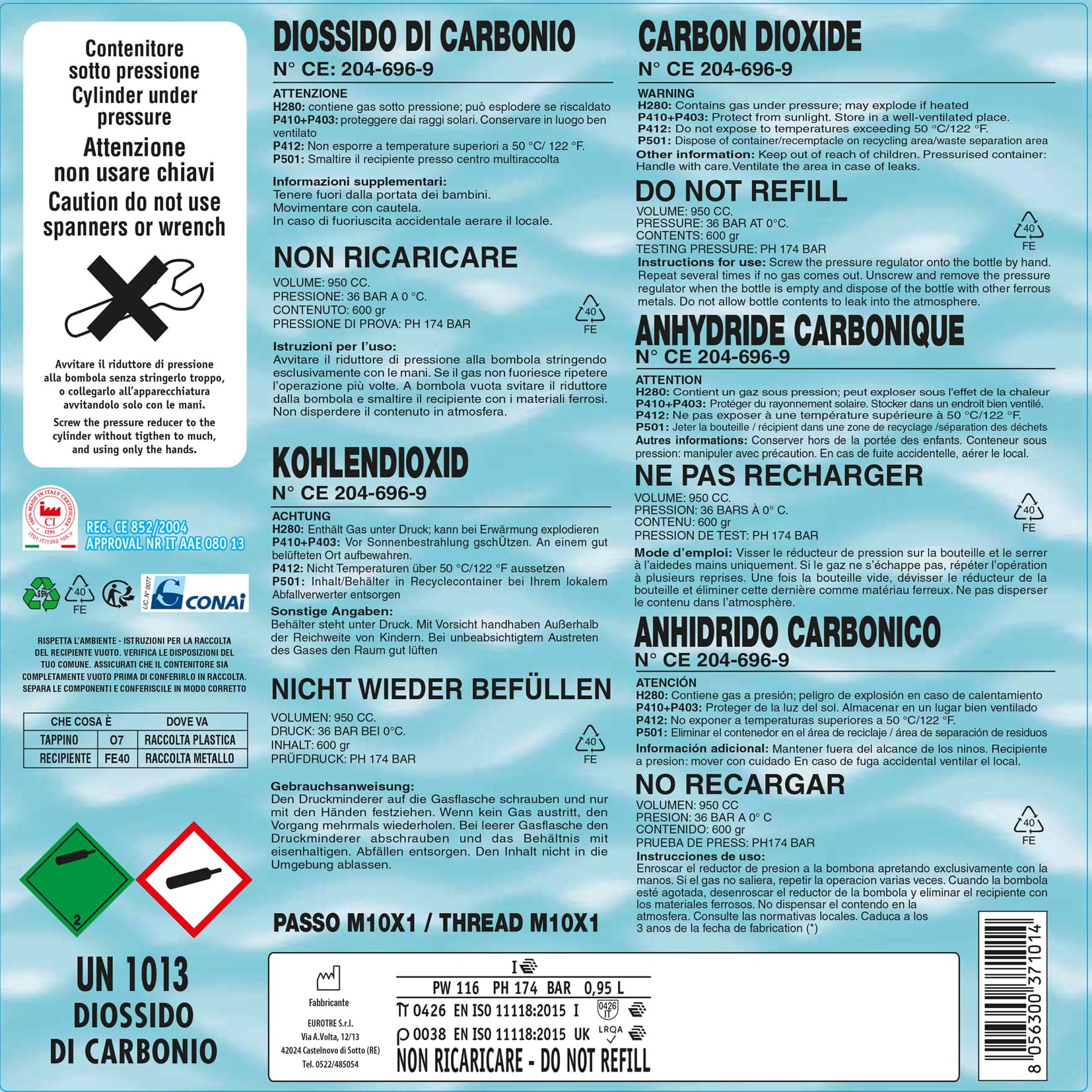 TermoidraulicaRV® 3 Bombole CO2 monouso 600gr. per acquari con attacco M10x1