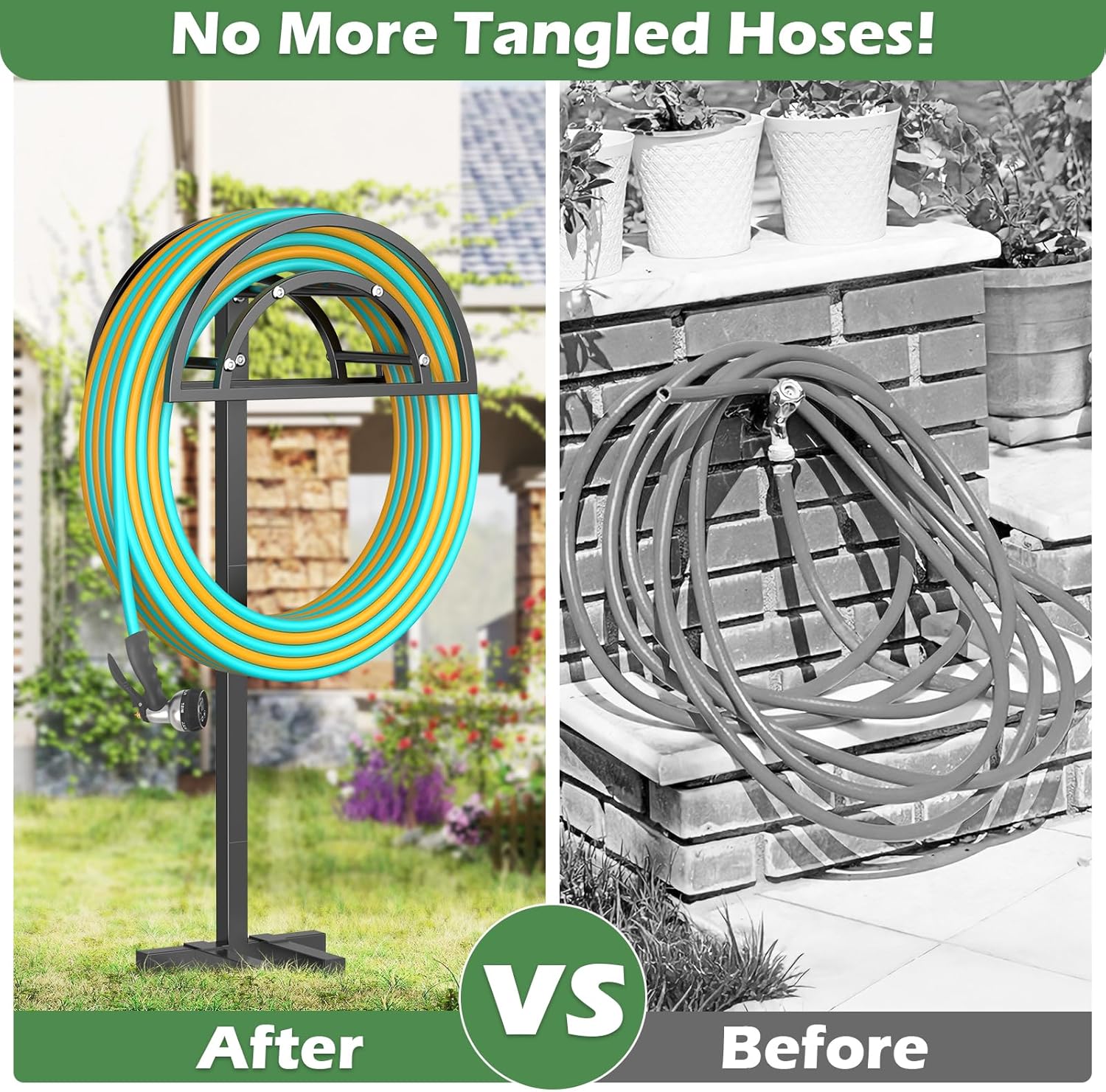 OLV Garden Hose Holder, Heavy Duty Freestanding Outdoor Water Hose Holder Stand Holds 150-ft Hoses, Detachable Metal Garden Storage Hanger Rack Organizer for Outside Yard Lawn Farm