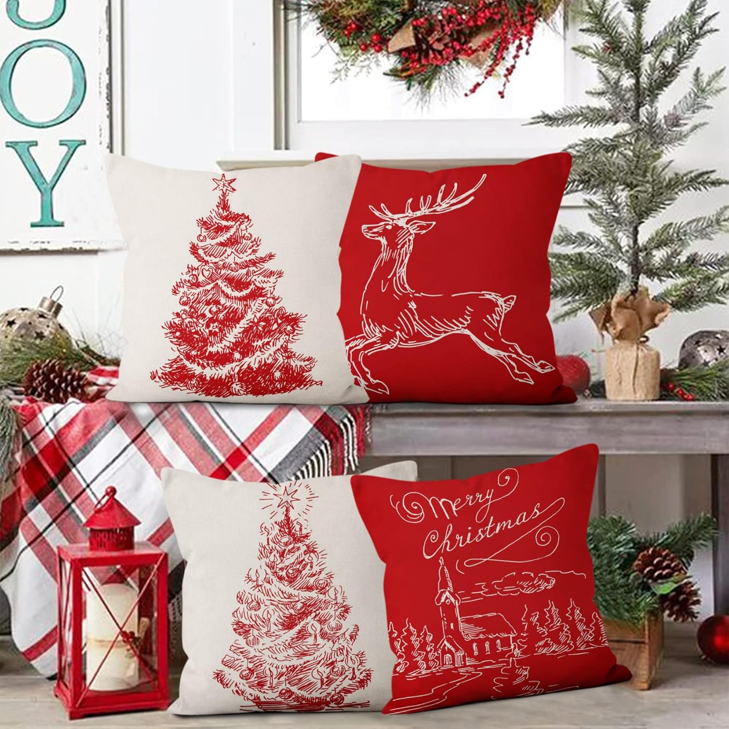 Christmas Pillow Covers Set of 4 18x18 inch, Christmas Tree