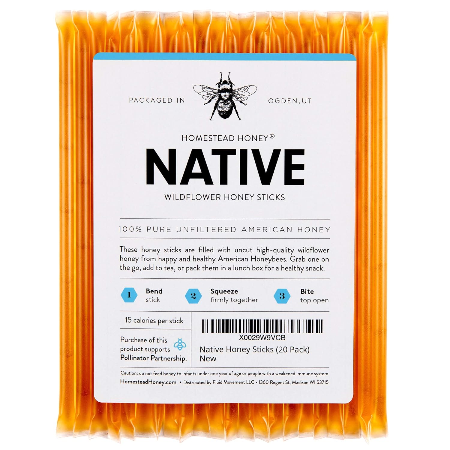 Homestead Honey Native Sticks 100 Count - Pure Wildflower - Individual Packets - Unfiltered Snack for Kids, Hiking, and Tea - Natural, No Additives - 8.25x6x1.25 inches