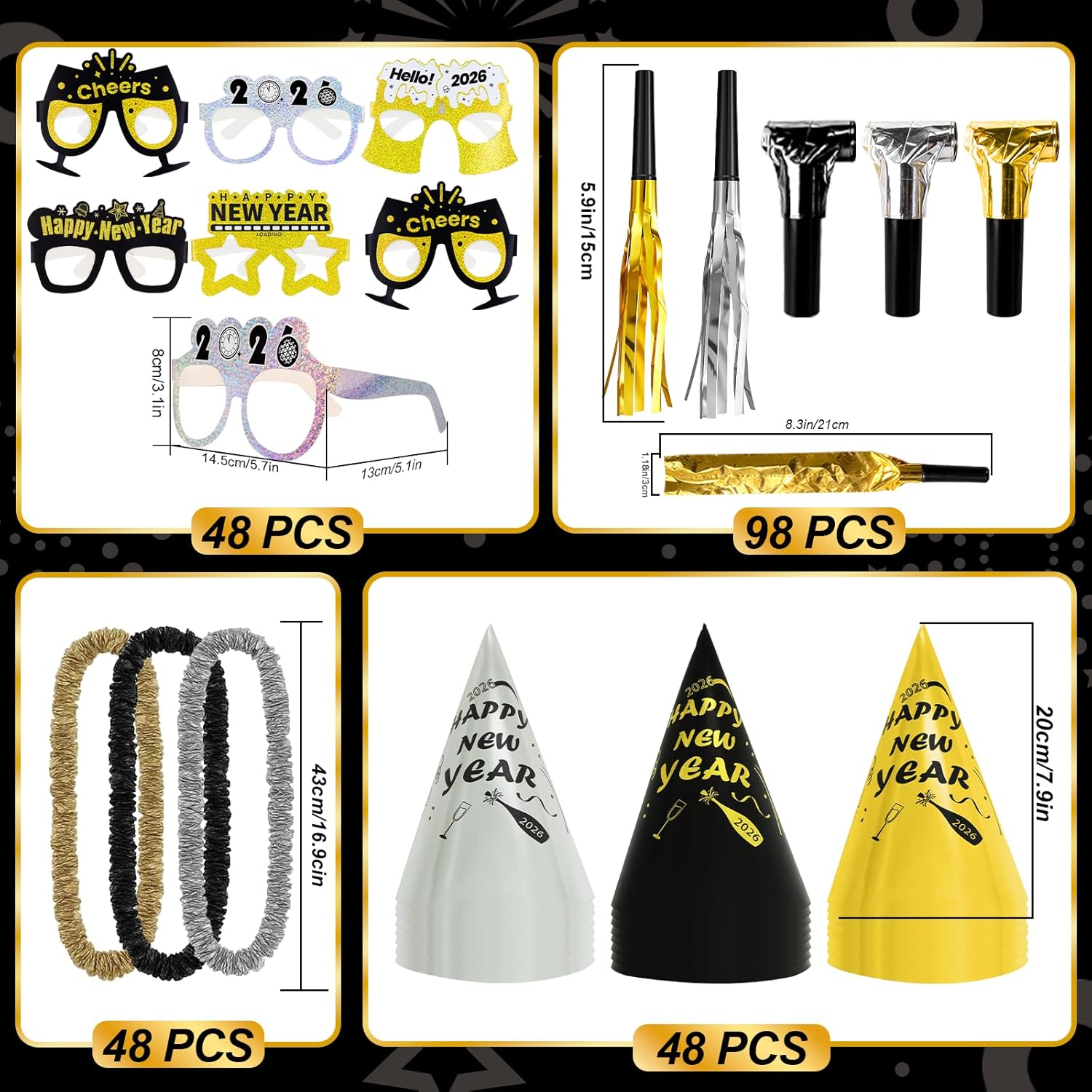new years eve party supplies 2026 for 96, new years eve party decorations, a banner, 48 cone hats, 48 glasses, 98 blowouts, 48 leis, 50 necklaces and a backdrop, great nye decorations pack