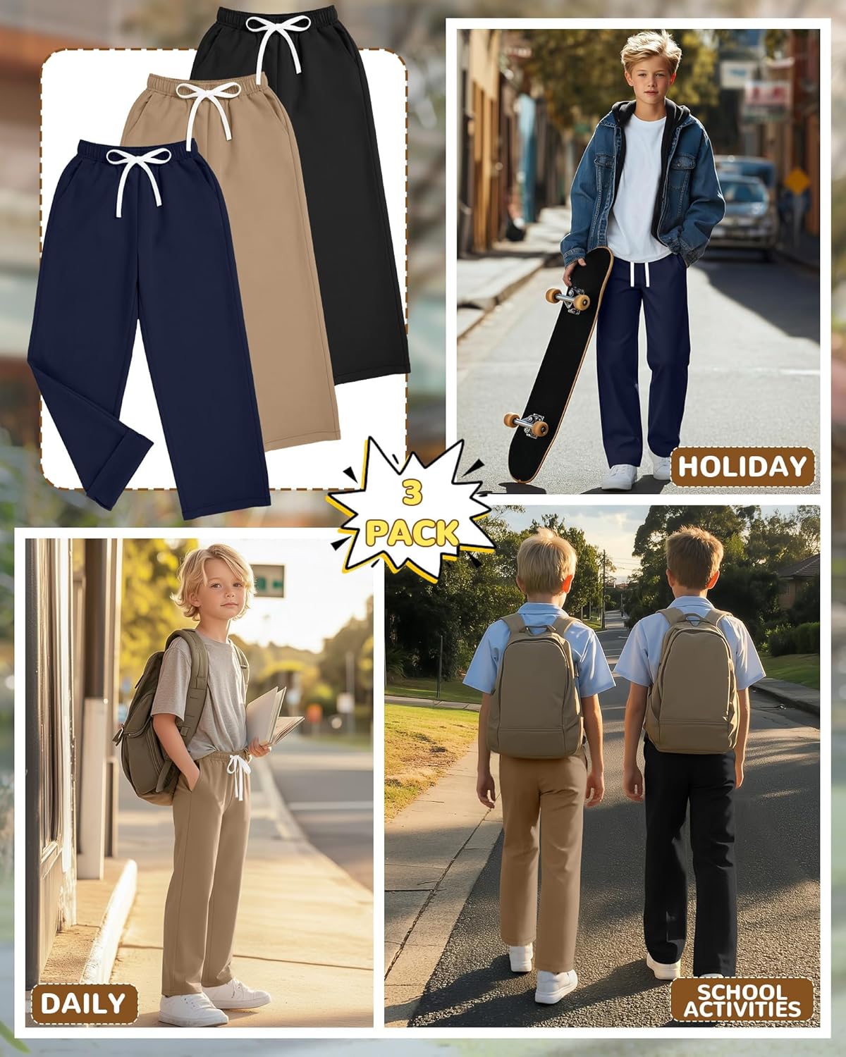 Oakgarden 3 Pack Boys' School Uniform Pants Cotton Straight Leg Trousers Casual Drawstring Pants with Pockets Size 6-16 Years