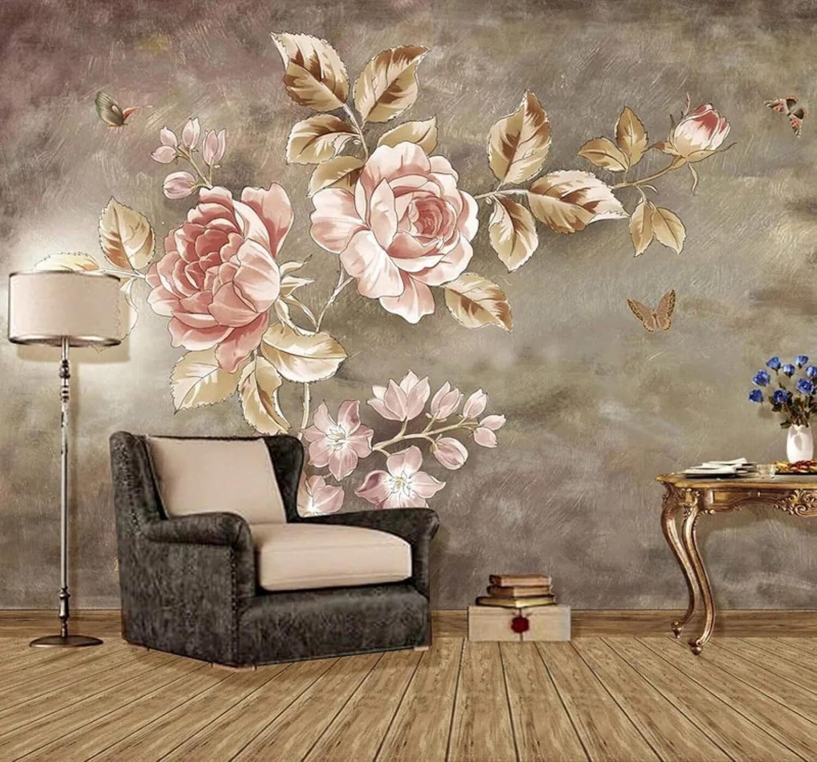 XLMING Vintage Plants Pink Flowers Butterflies 3D Wallpaper Silky Texture Home Study Office Grey Dining Room Sofa Bedroom Living Room TV Backdrop-430cm×300cm