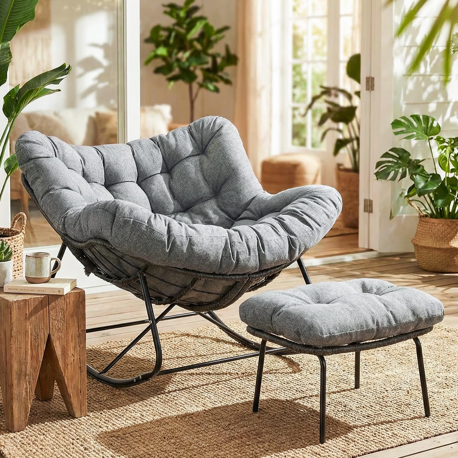 LIFERUN Fauteuil à bascule en rotin avec tabouret, résistant aux intempéries, avec rembourrage épais amovible, charge de 150 kg, pour jardin, balcon, salon