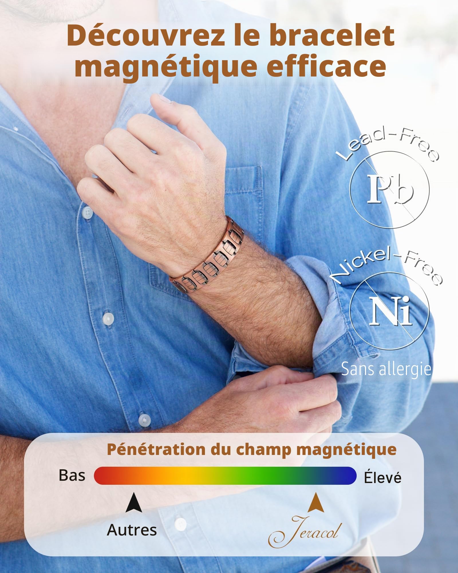 Jeracol Bracelet en cuivre croisé pour hommes, bracelet de thérapie magnétique avec aimants puissants 3800 gauss - 99,99% de cuivre pur et boîte cadeau, 22 cm