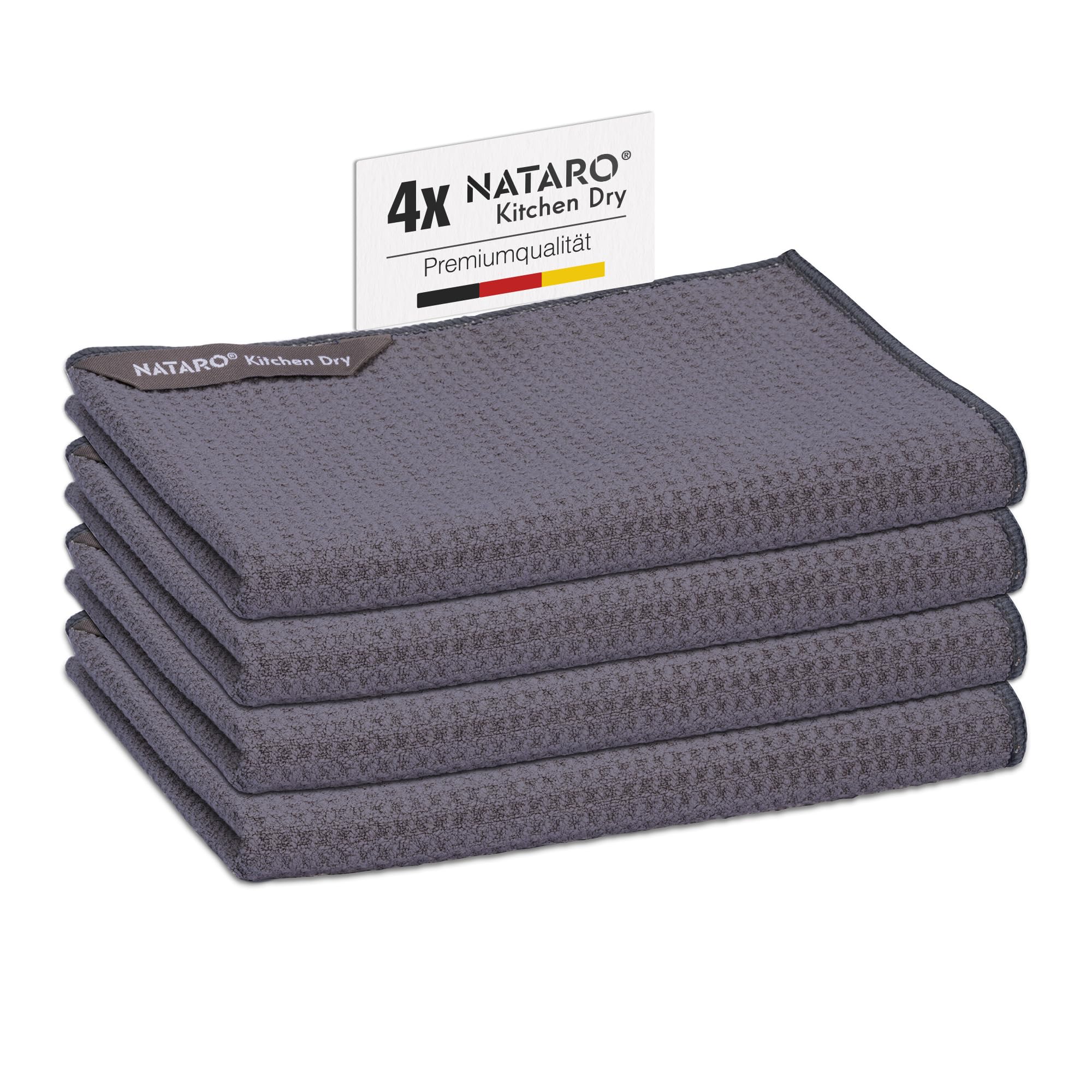 NATARO® 4 Stück Kitchen Dry Geschirrtücher – Premium Microfaser Abtrockentuch, streifenfreie und fusselfreie Waffeltücher für Ihre Küche anthrazit, 70x45 cm
